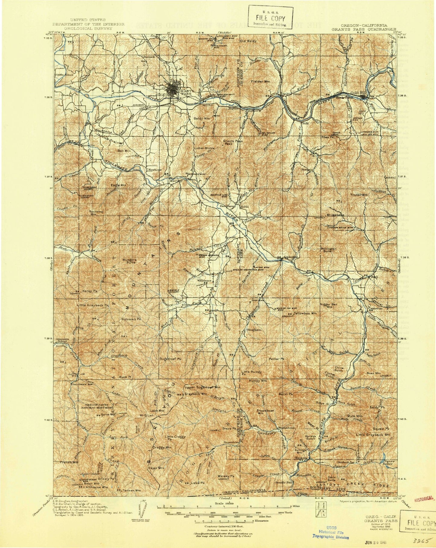 Historic 1908 Grants Pass Oregon 30'x30' Topo Map Image