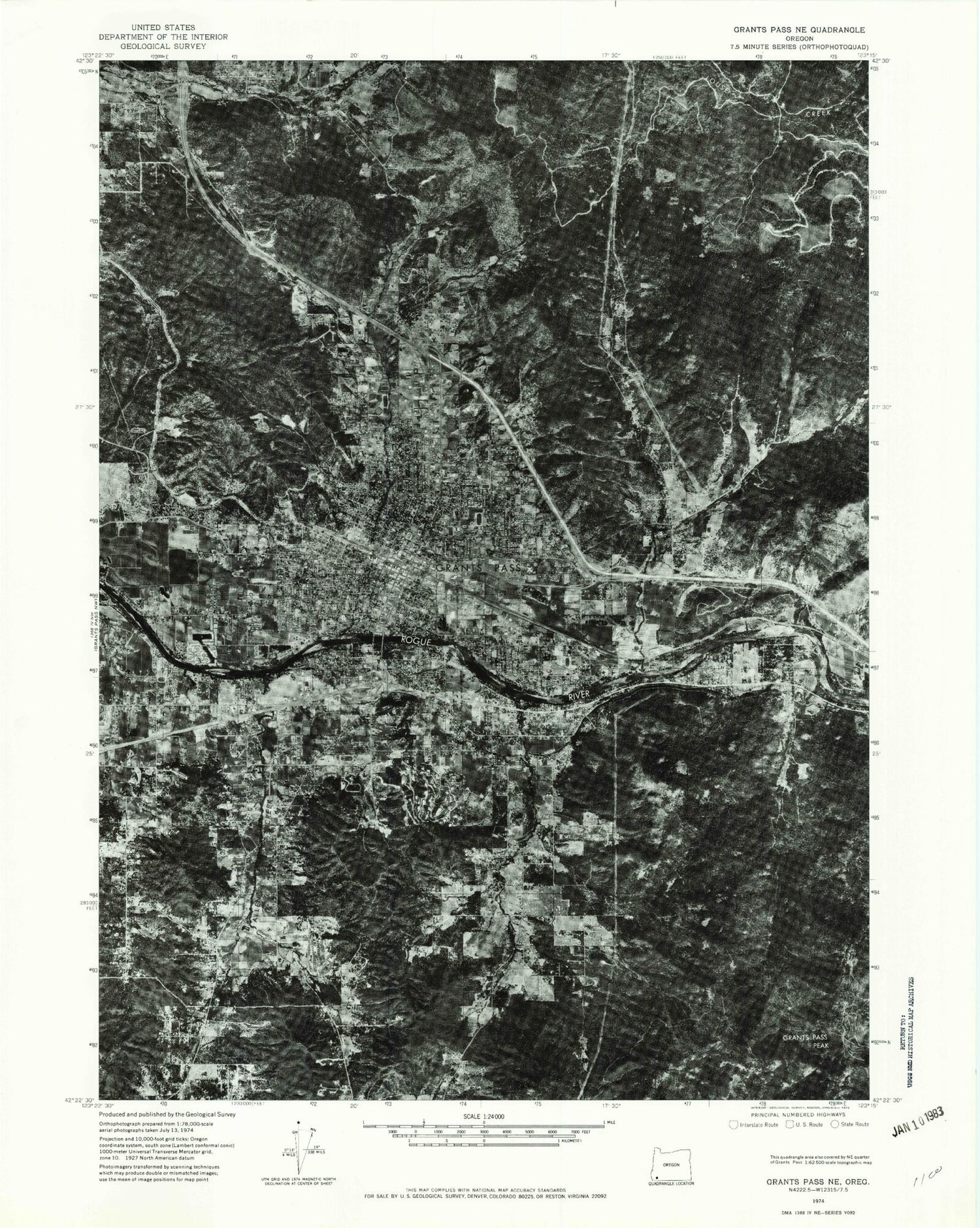 Classic USGS Grants Pass Oregon 7.5'x7.5' Topo Map Image