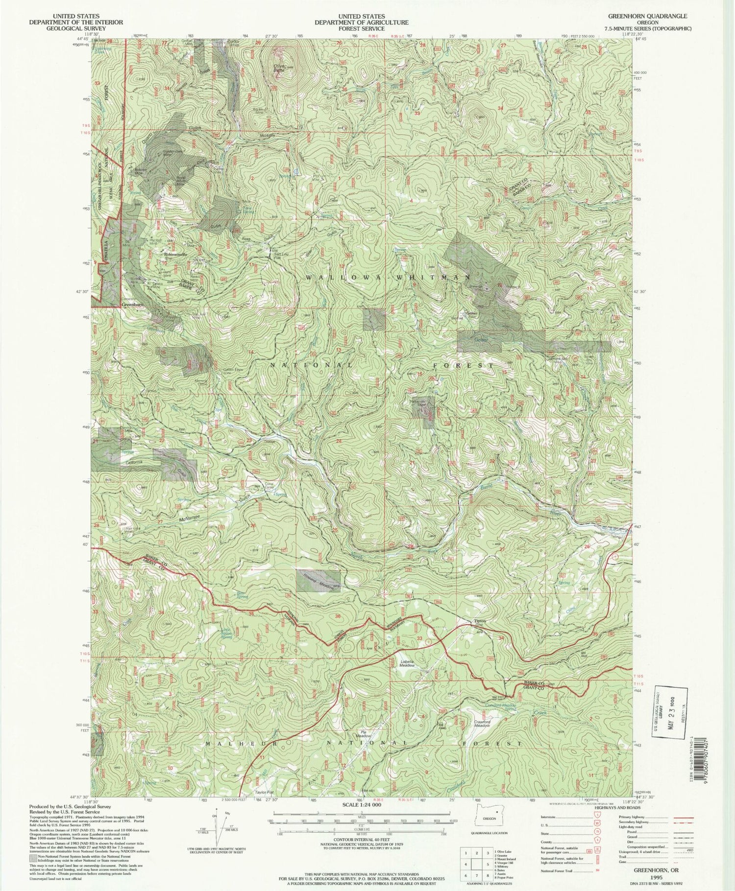Classic USGS Greenhorn Oregon 7.5'x7.5' Topo Map Image