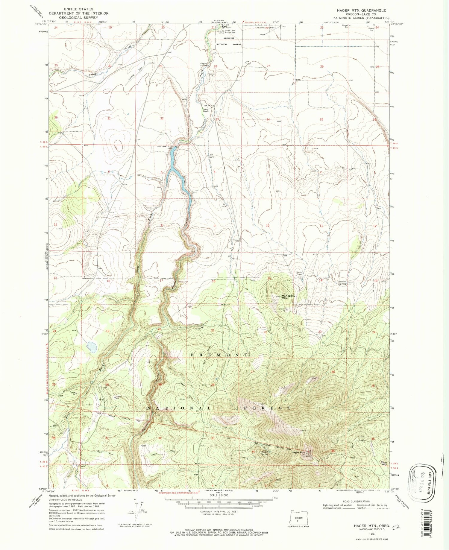 Classic USGS Hager Mountain Oregon 7.5'x7.5' Topo Map Image