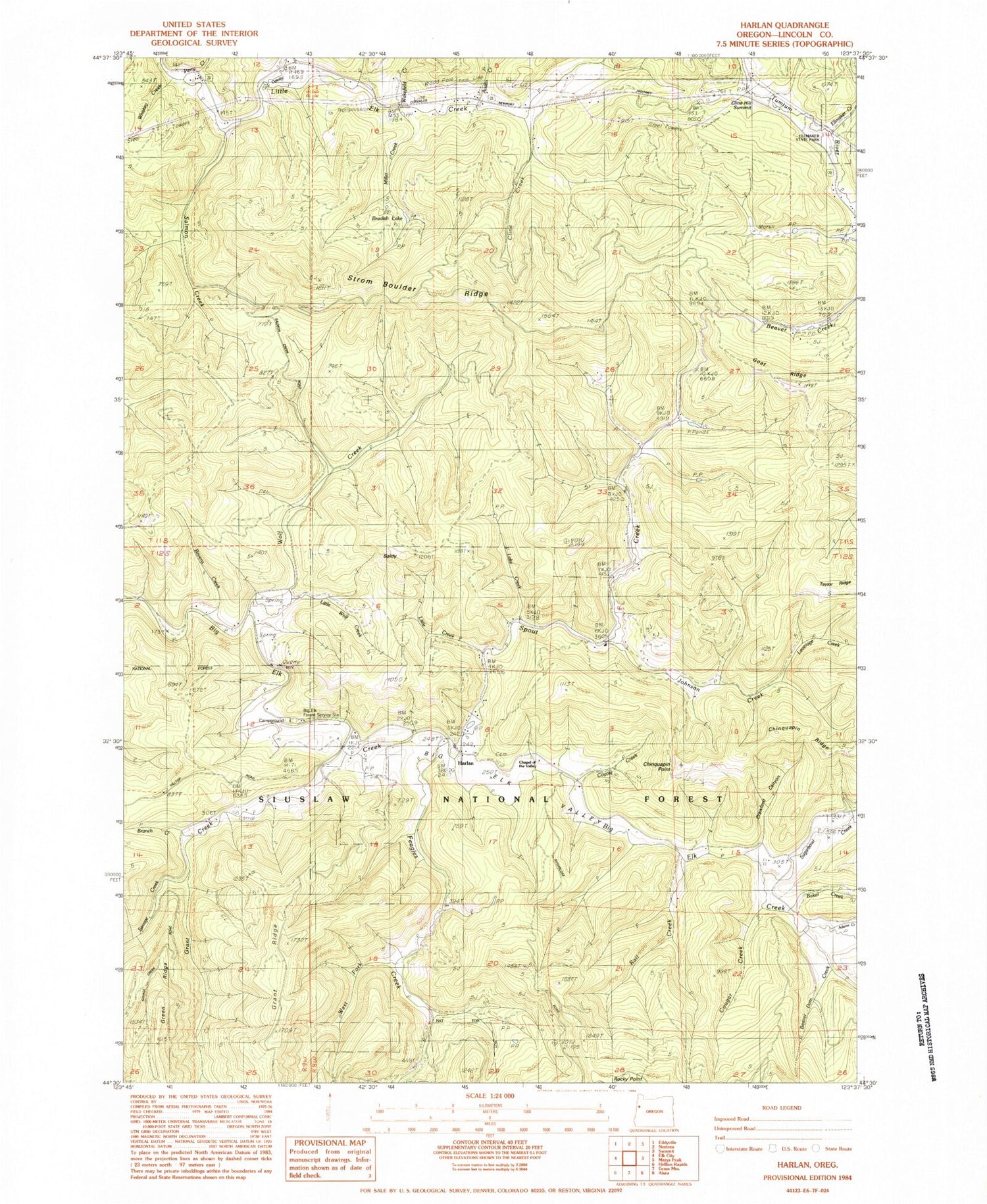 Classic USGS Harlan Oregon 7.5'x7.5' Topo Map Image