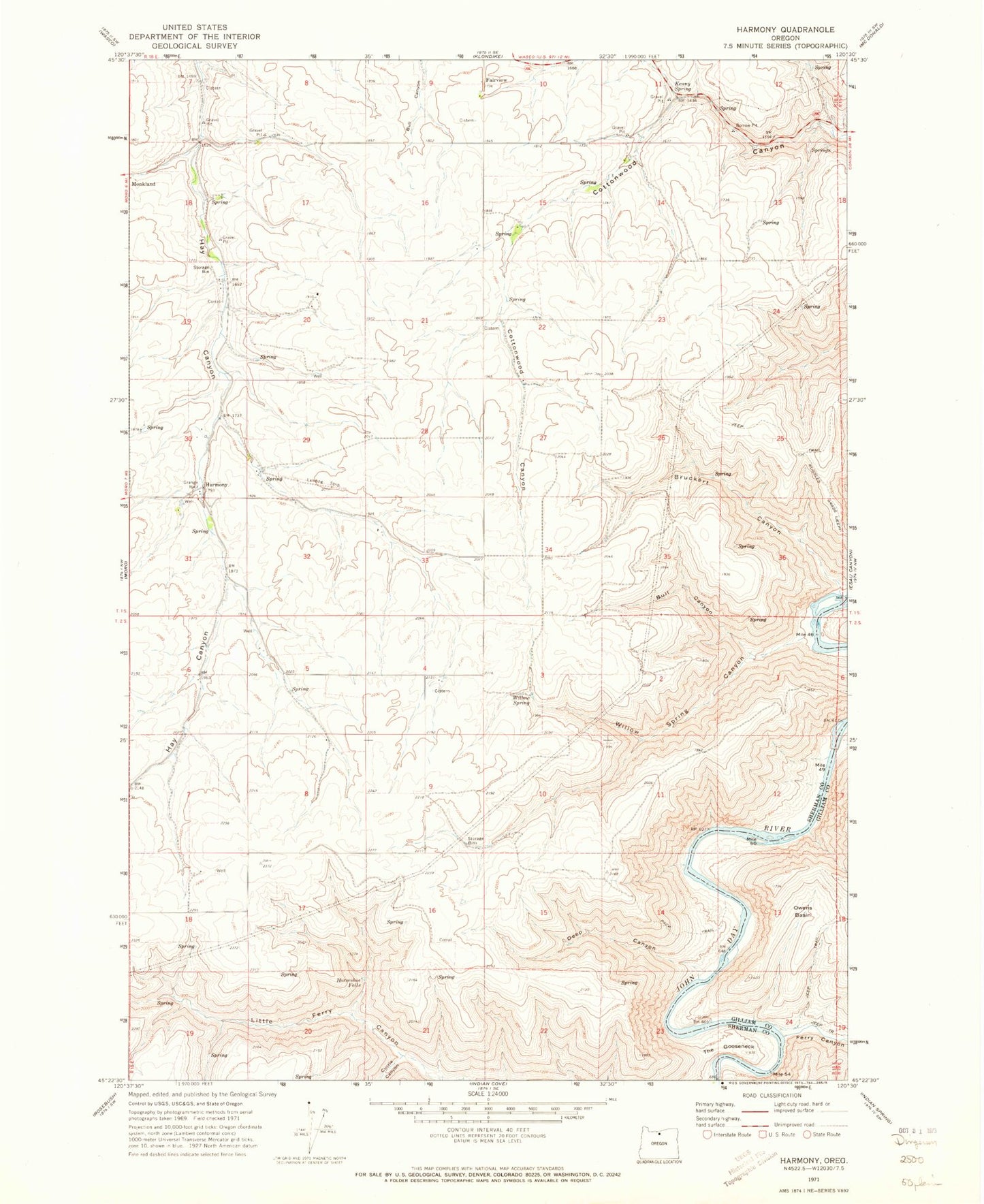 Classic USGS Harmony Oregon 7.5'x7.5' Topo Map Image
