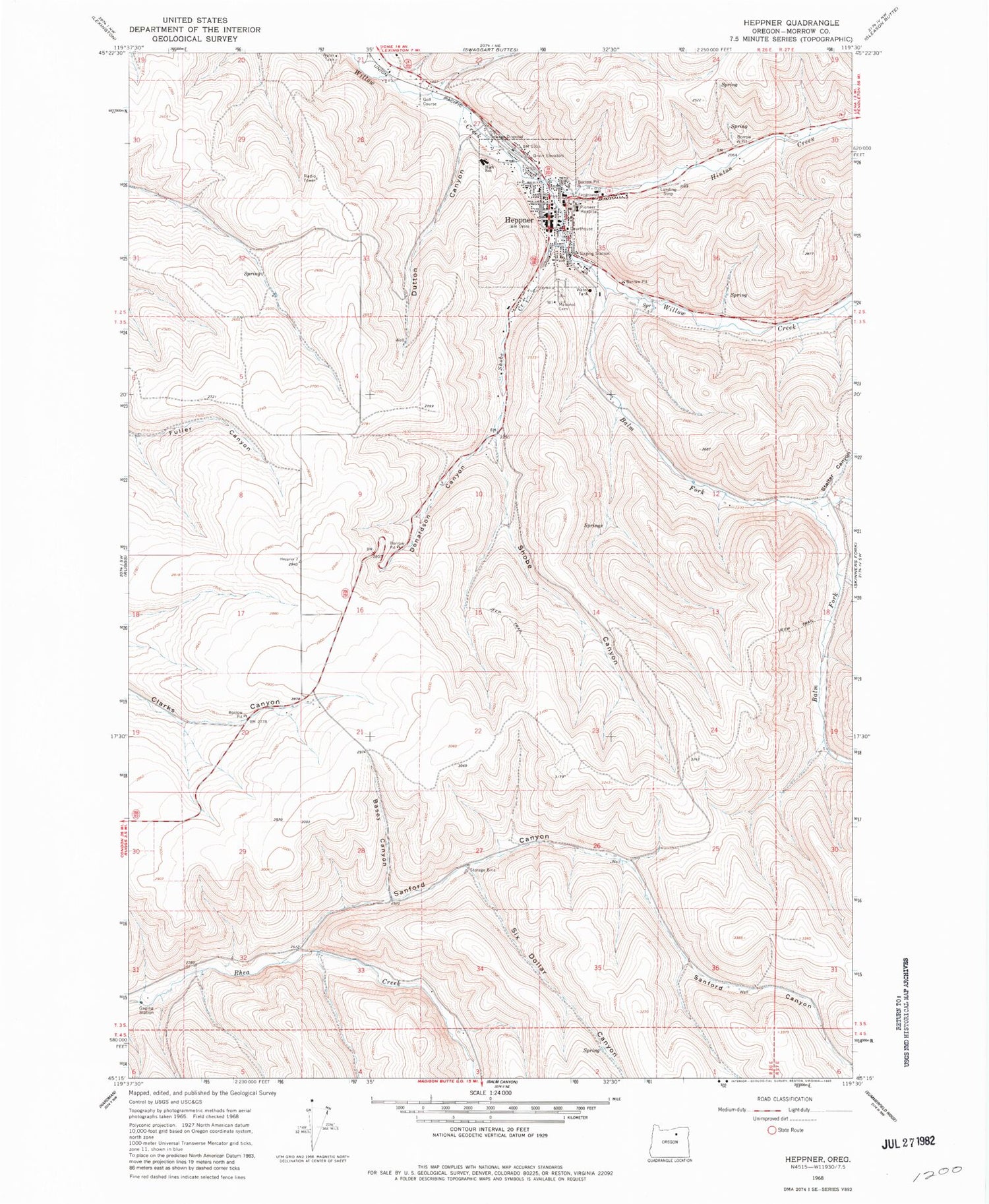 Classic USGS Heppner Oregon 7.5'x7.5' Topo Map Image