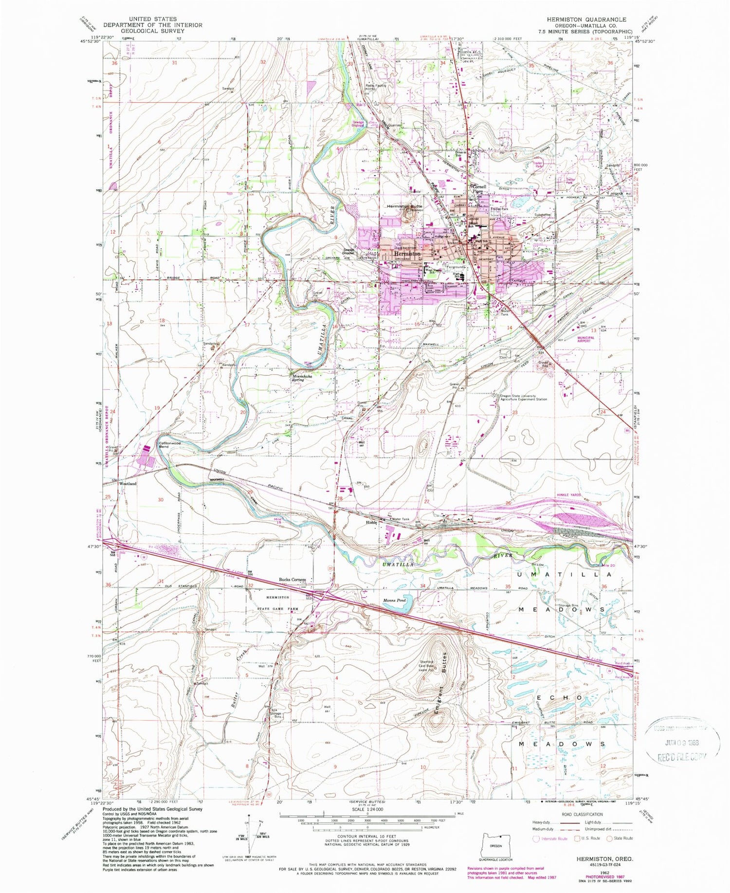 Classic USGS Hermiston Oregon 7.5'x7.5' Topo Map Image