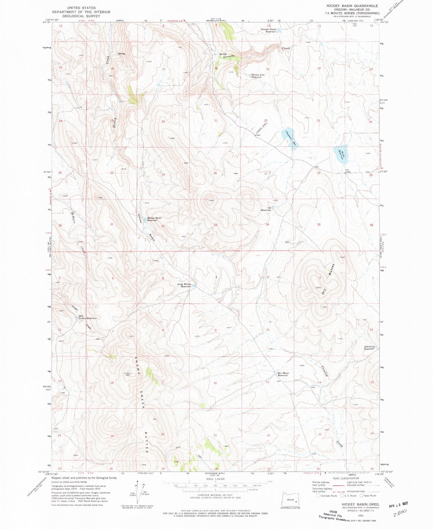 Classic USGS Hickey Basin Oregon 7.5'x7.5' Topo Map Image