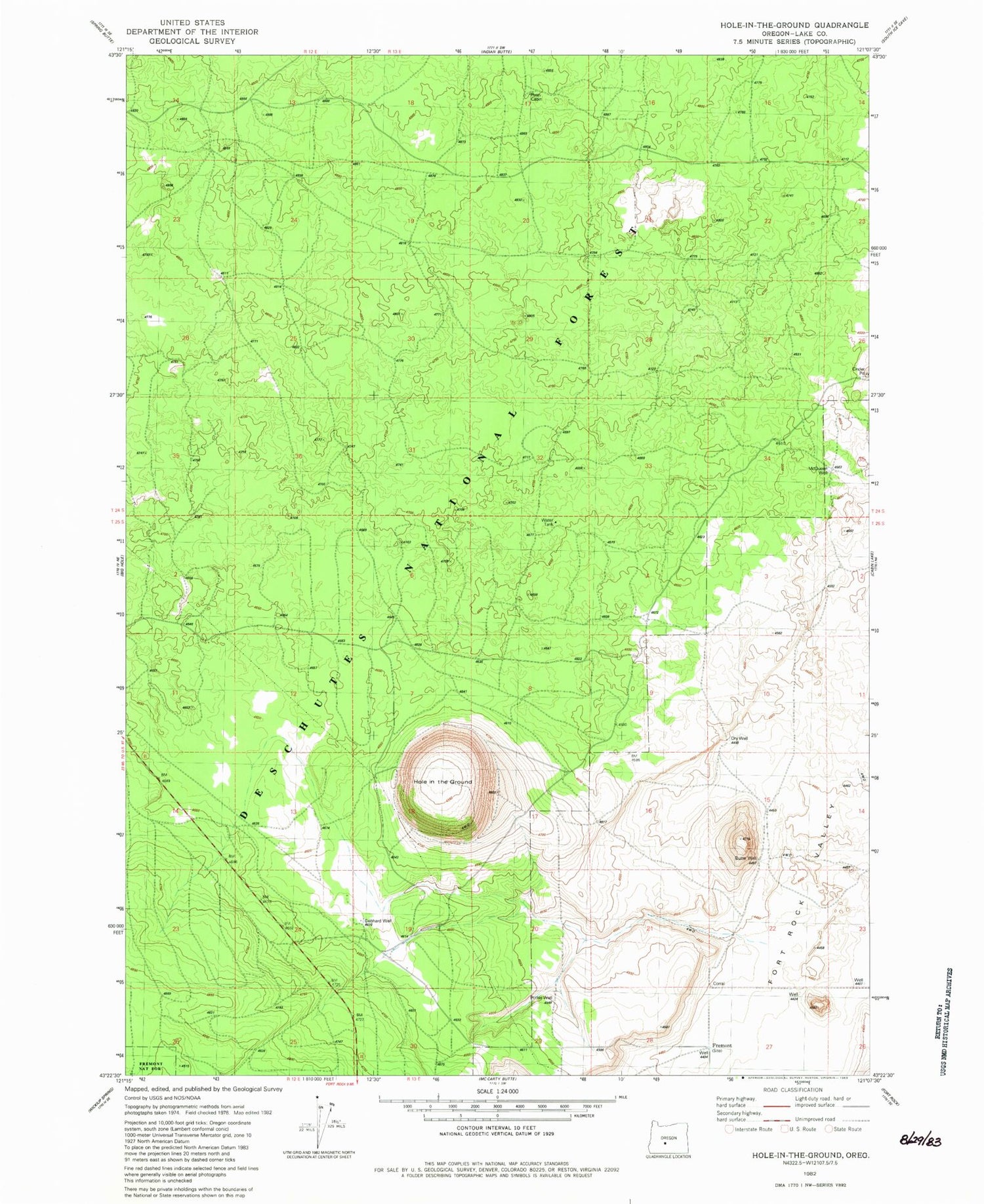 Classic USGS Hole In The Ground Oregon 7.5'x7.5' Topo Map Image