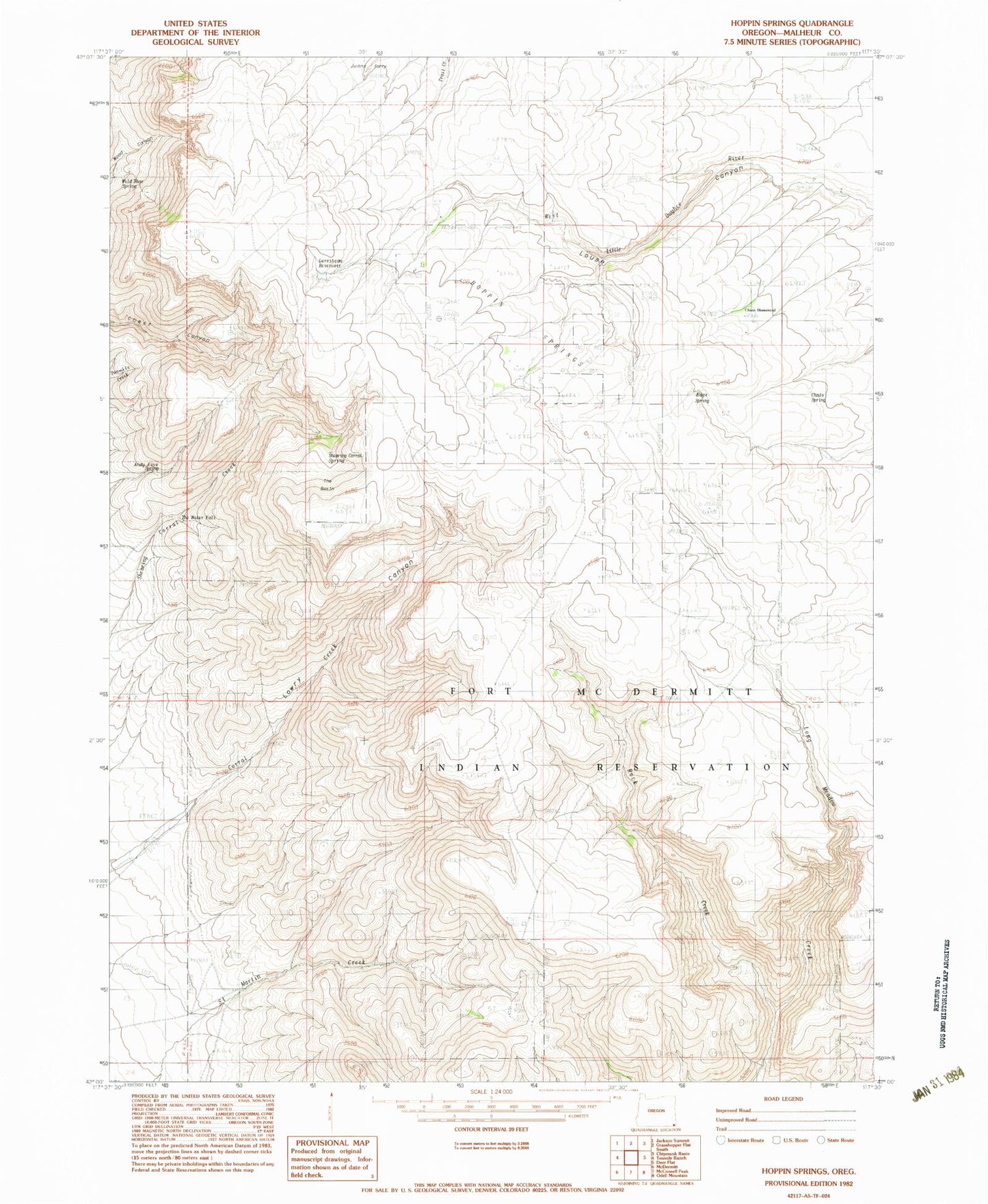 Classic USGS Hoppin Springs Oregon 7.5'x7.5' Topo Map Image