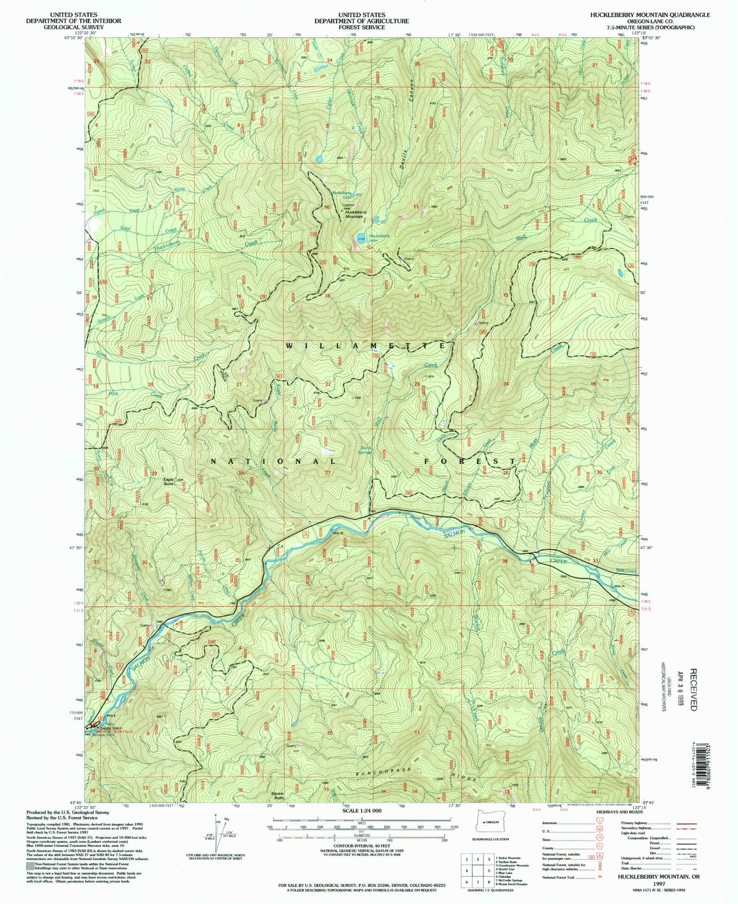 Classic USGS Huckleberry Mountain Oregon 7.5'x7.5' Topo Map Image