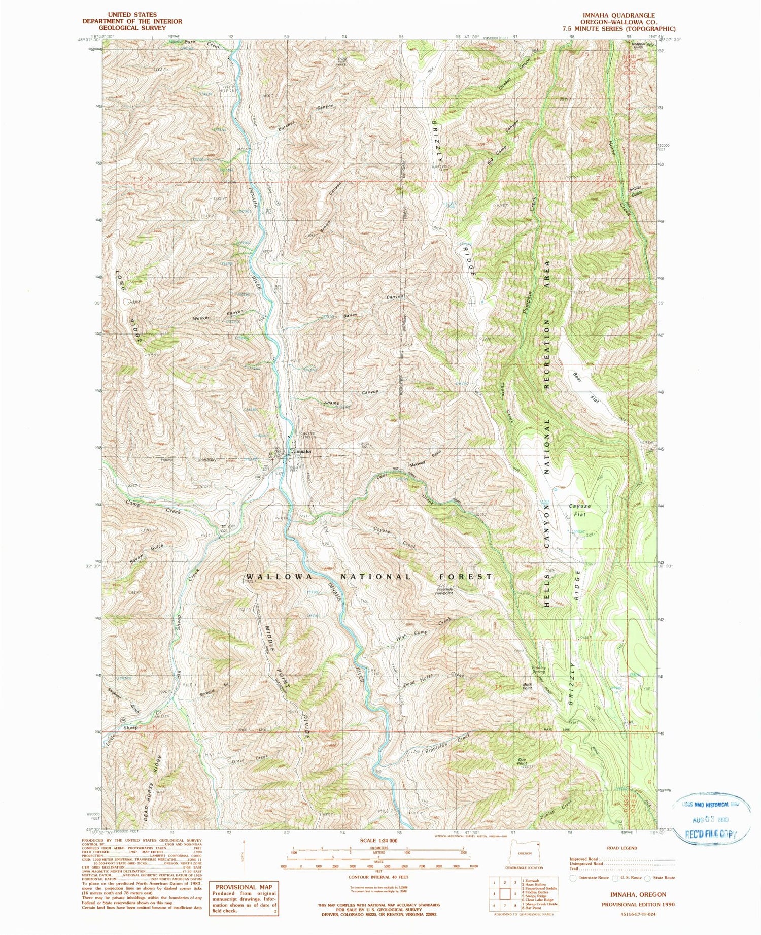 Classic USGS Imnaha Oregon 7.5'x7.5' Topo Map Image
