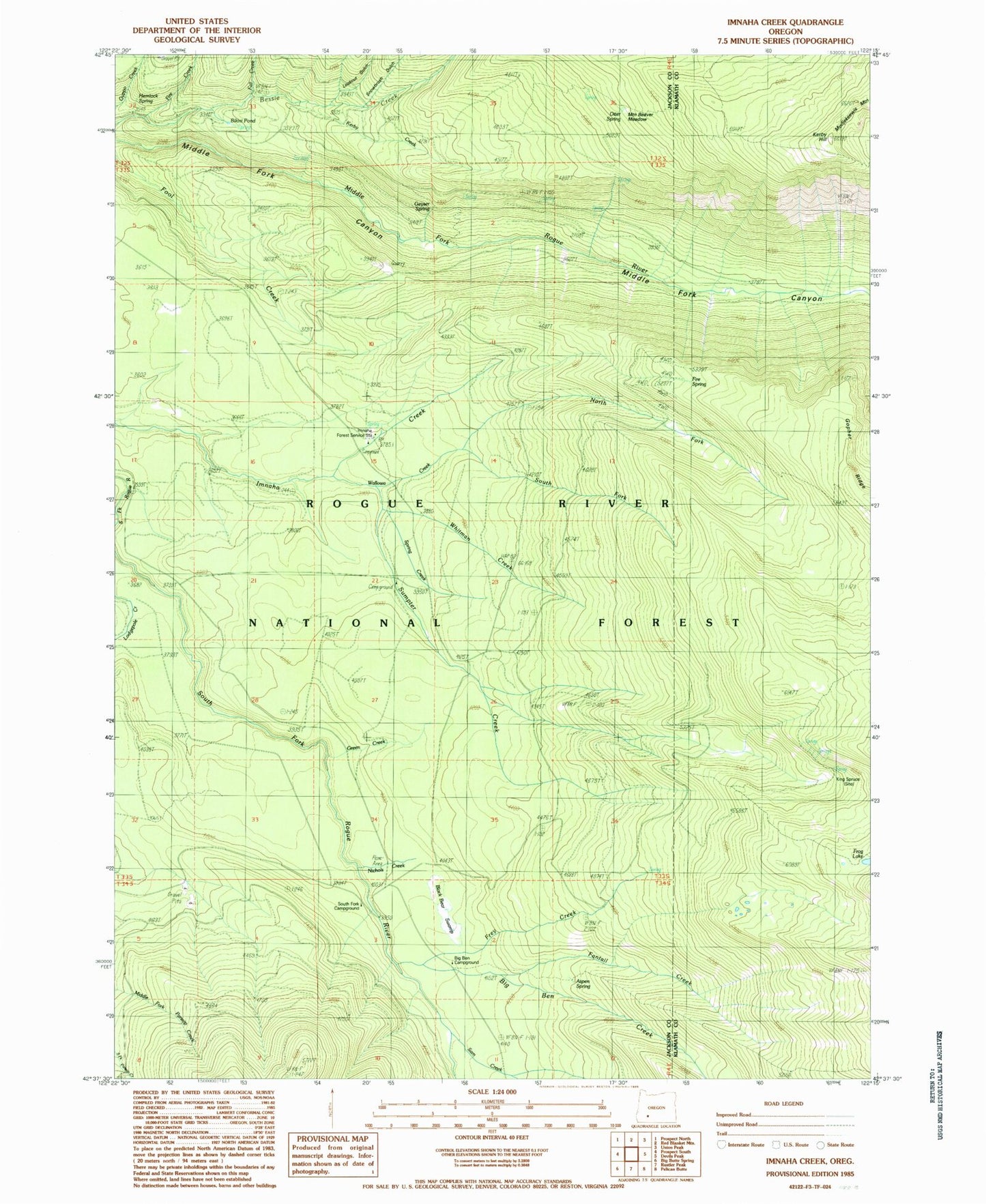 Classic USGS Imnaha Creek Oregon 7.5'x7.5' Topo Map Image
