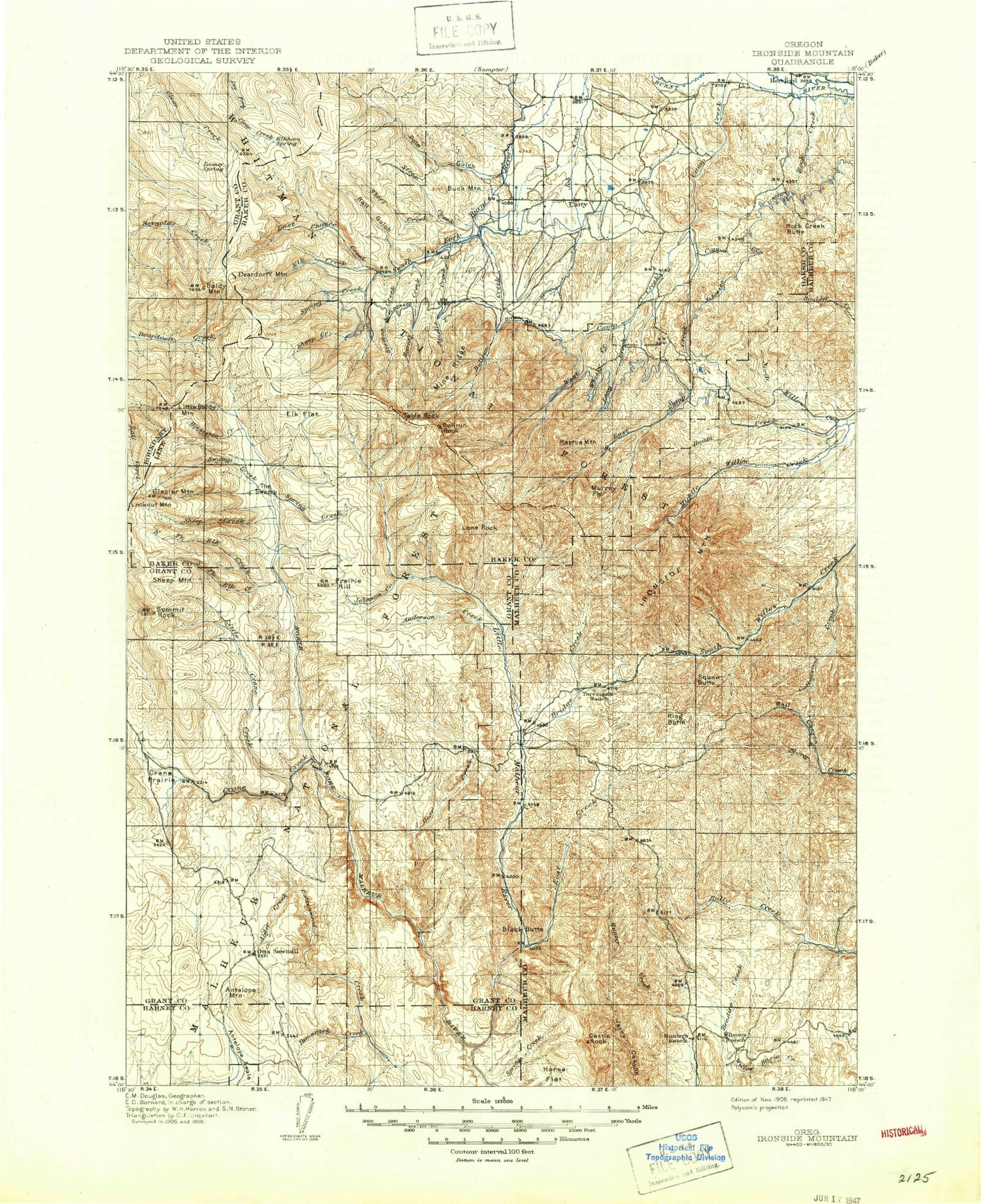 Historic 1908 Ironside Mountain Oregon 30'x30' Topo Map Image