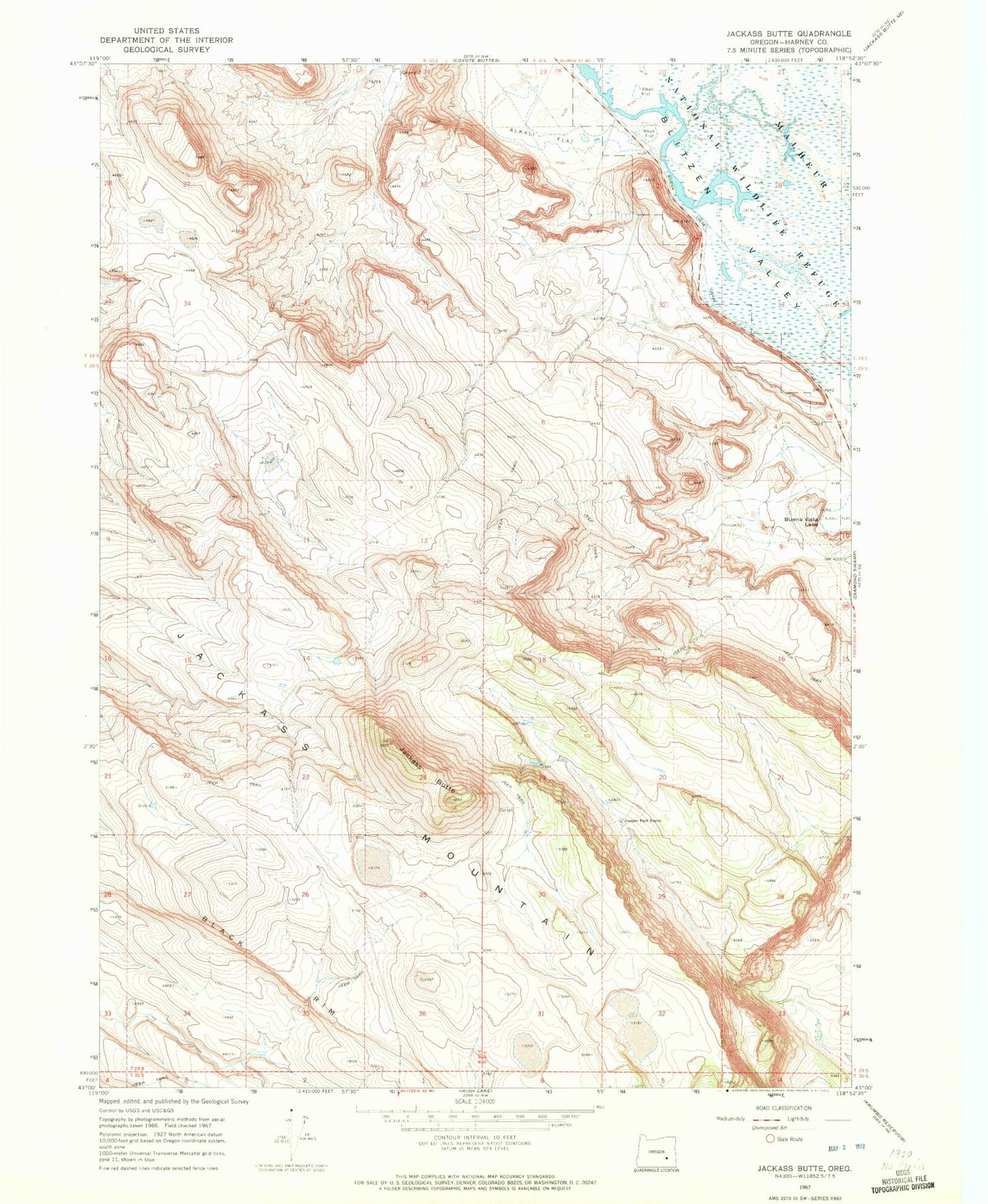 Classic USGS Jackass Butte Oregon 7.5'x7.5' Topo Map Image