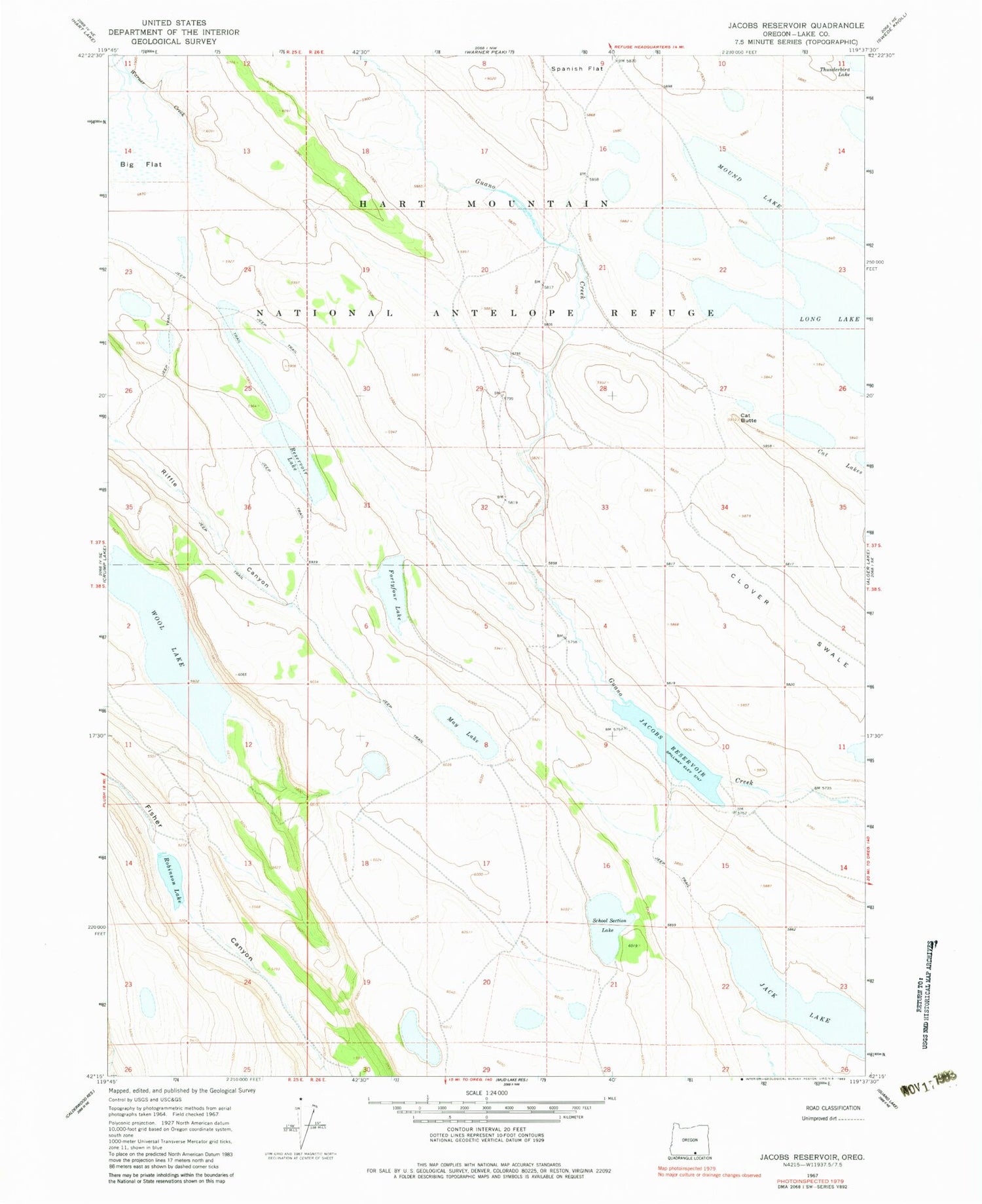 Classic USGS Jacobs Reservoir Oregon 7.5'x7.5' Topo Map Image