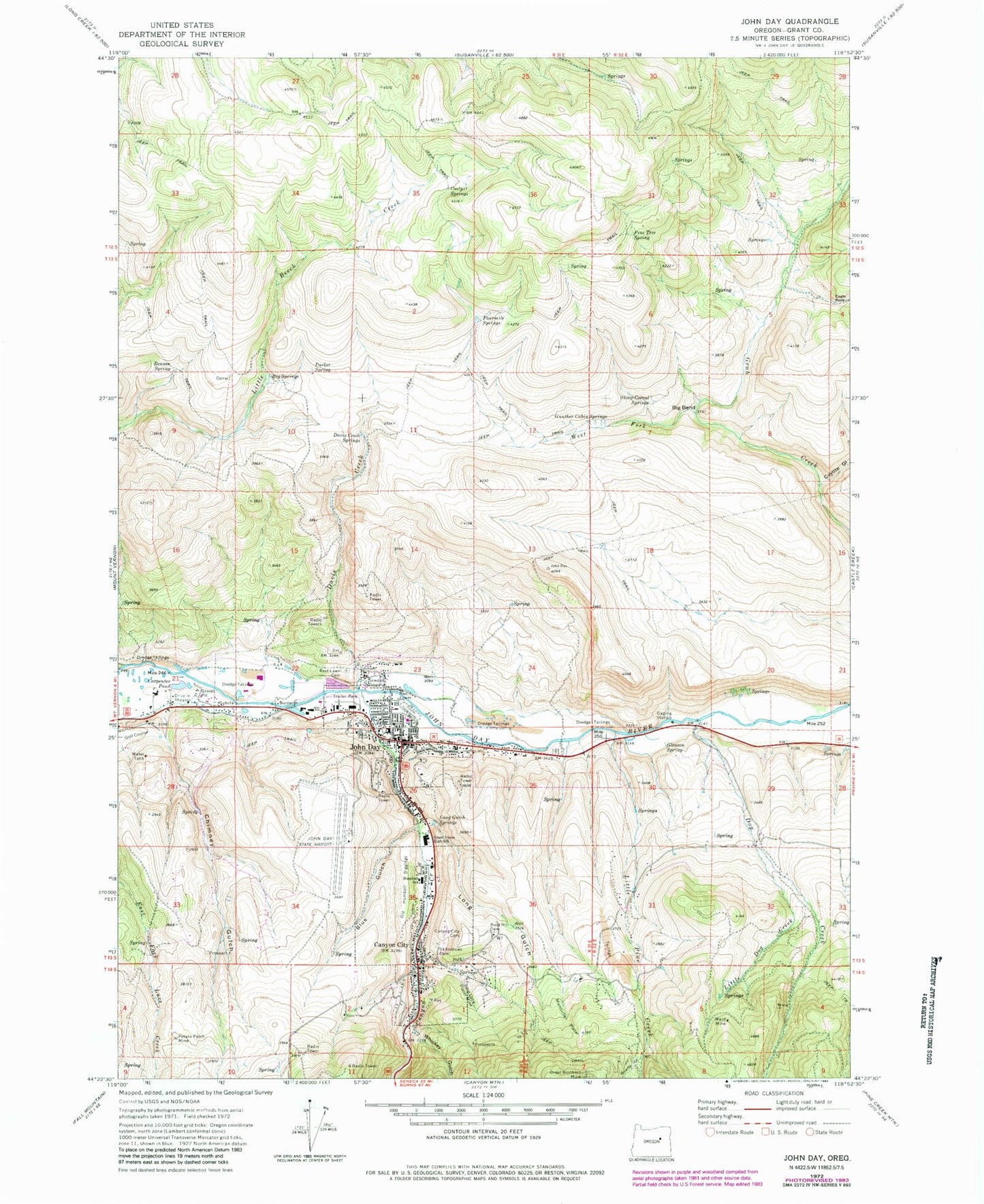 Classic USGS John Day Oregon 7.5'x7.5' Topo Map Image
