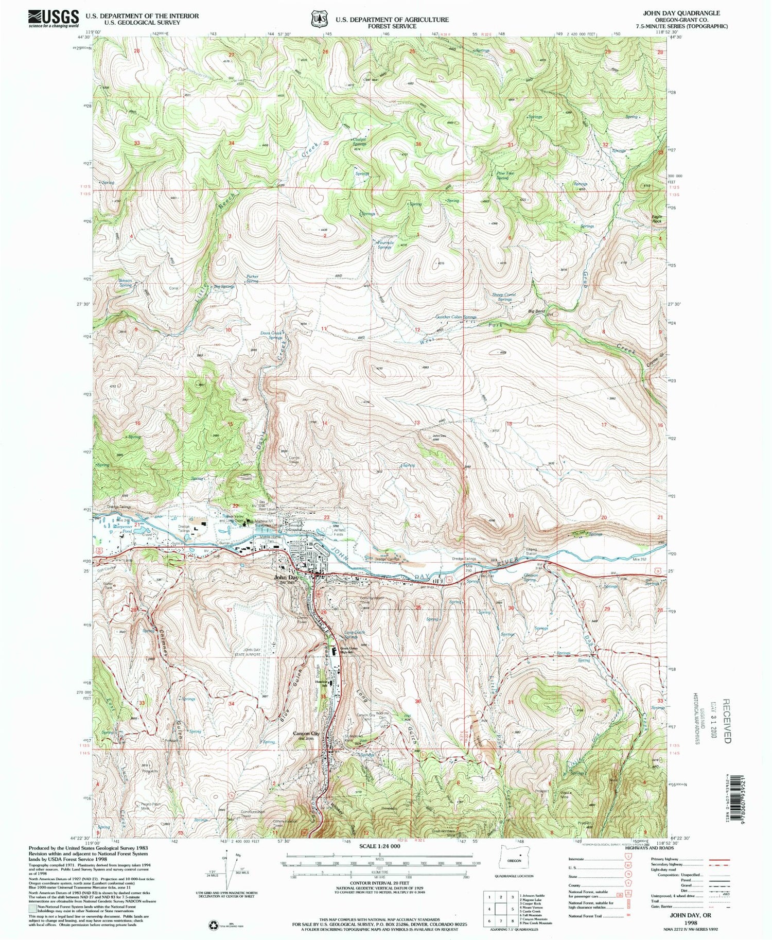 Classic USGS John Day Oregon 7.5'x7.5' Topo Map Image