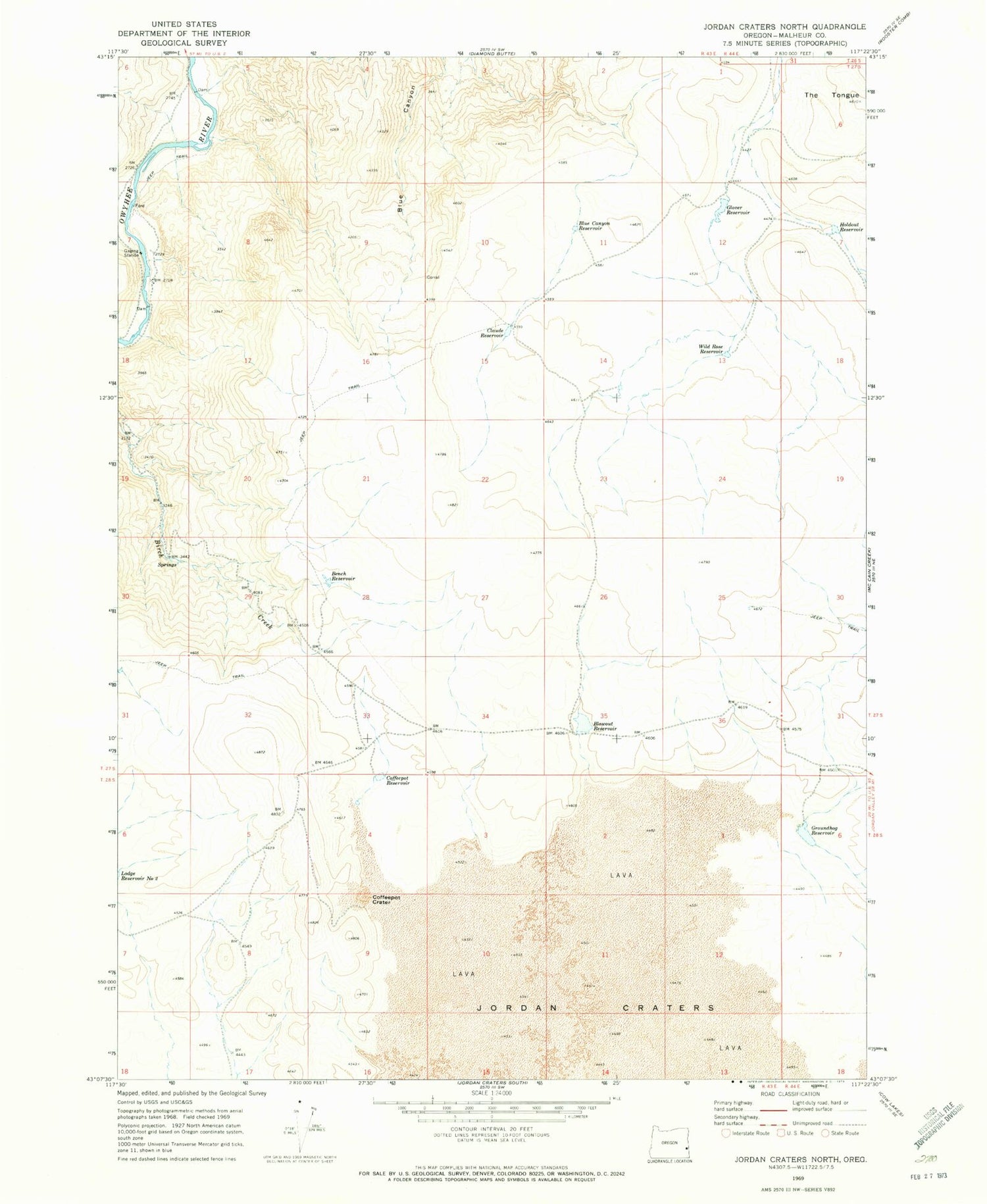 Classic USGS Jordan Craters North Oregon 7.5'x7.5' Topo Map Image