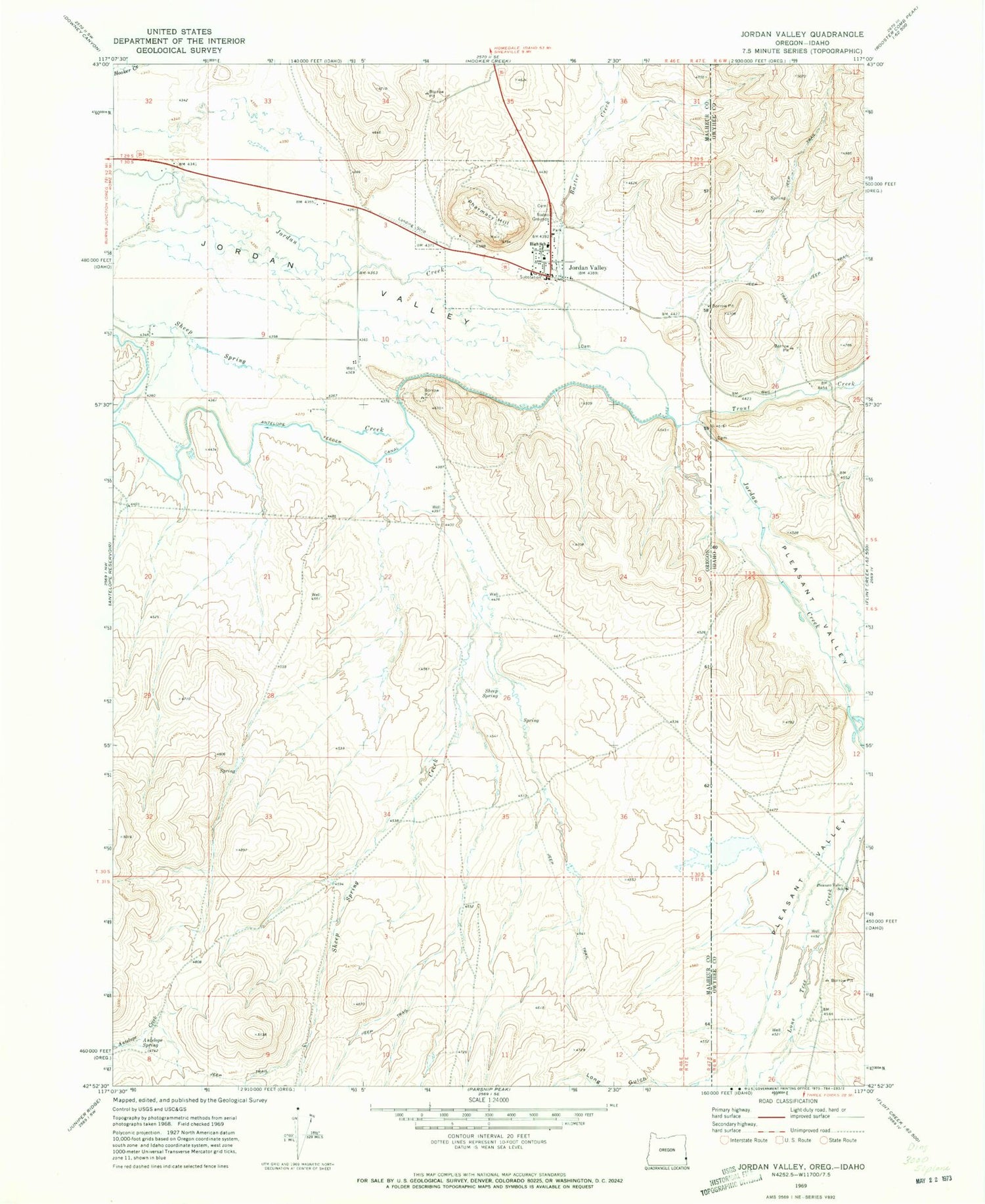Classic USGS Jordan Valley Oregon 7.5'x7.5' Topo Map Image