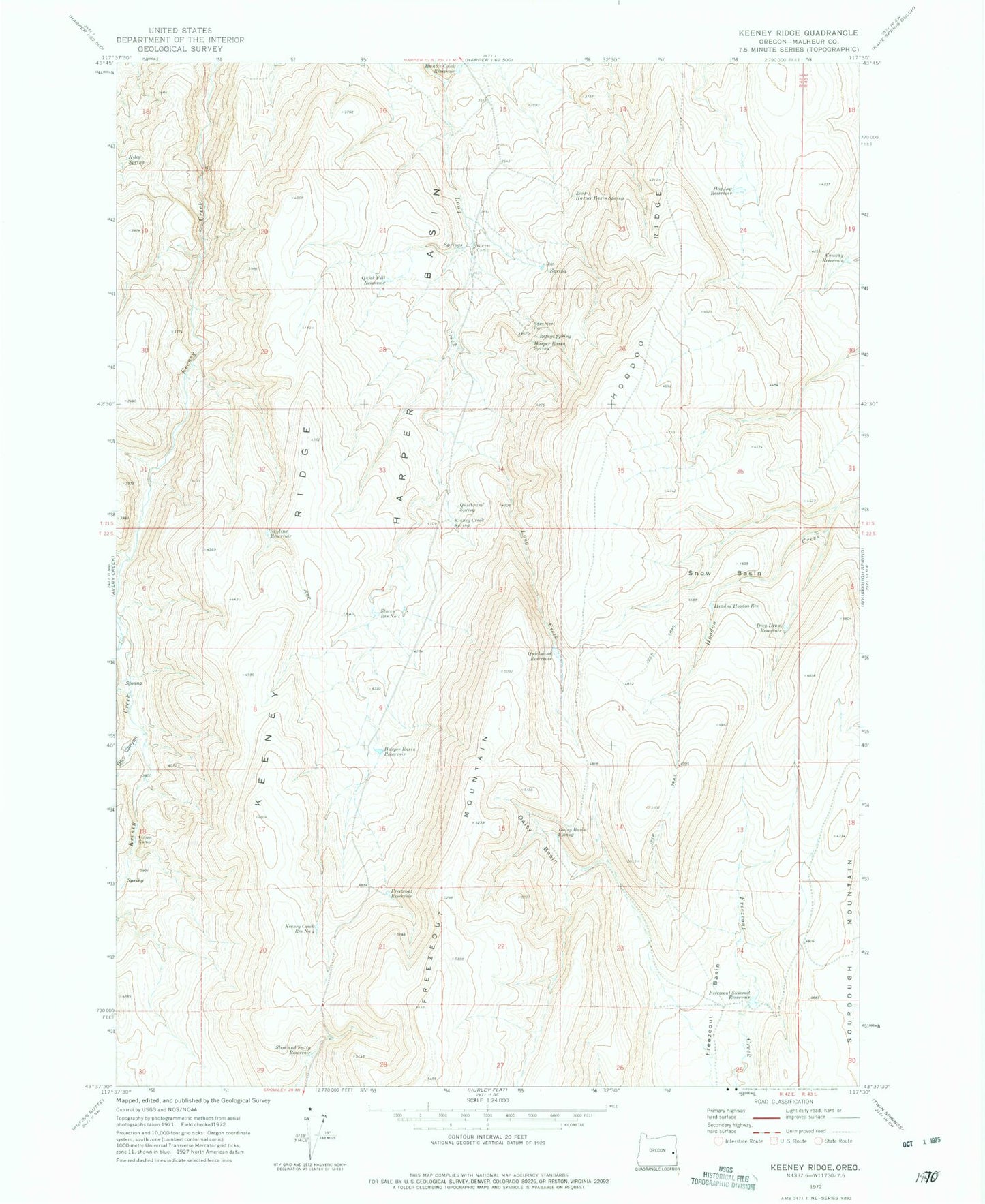 Classic USGS Keeney Ridge Oregon 7.5'x7.5' Topo Map Image