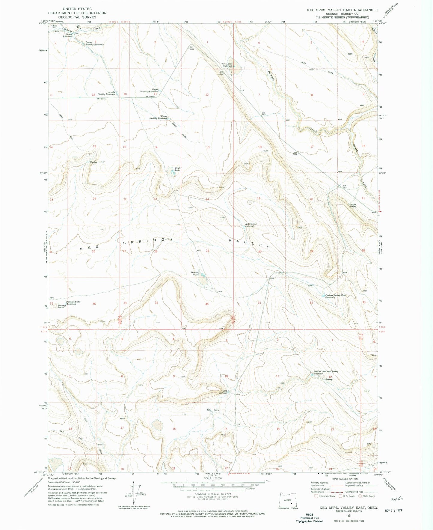 Classic USGS Keg Springs Valley East Oregon 7.5'x7.5' Topo Map Image