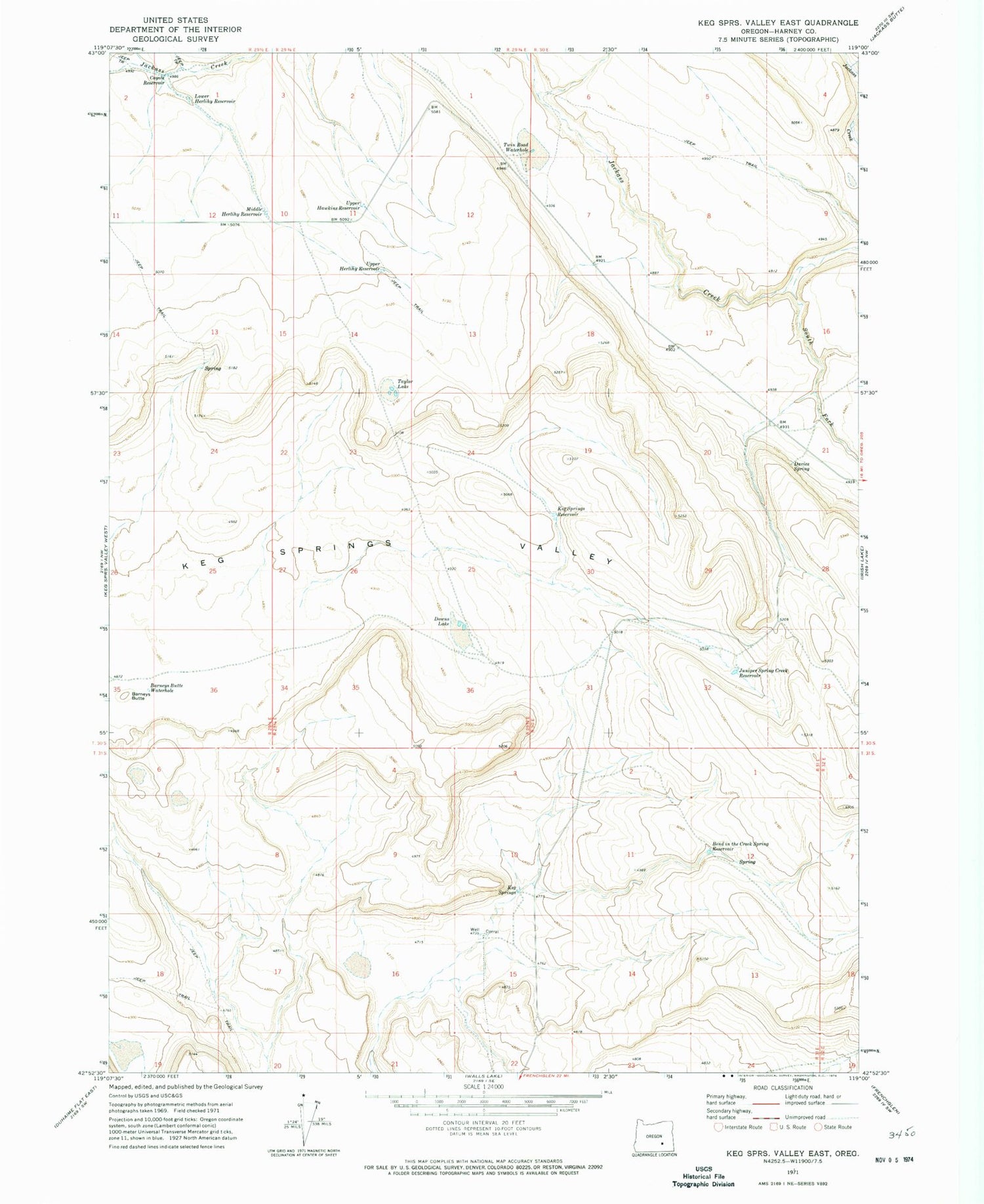 Classic USGS Keg Springs Valley East Oregon 7.5'x7.5' Topo Map Image