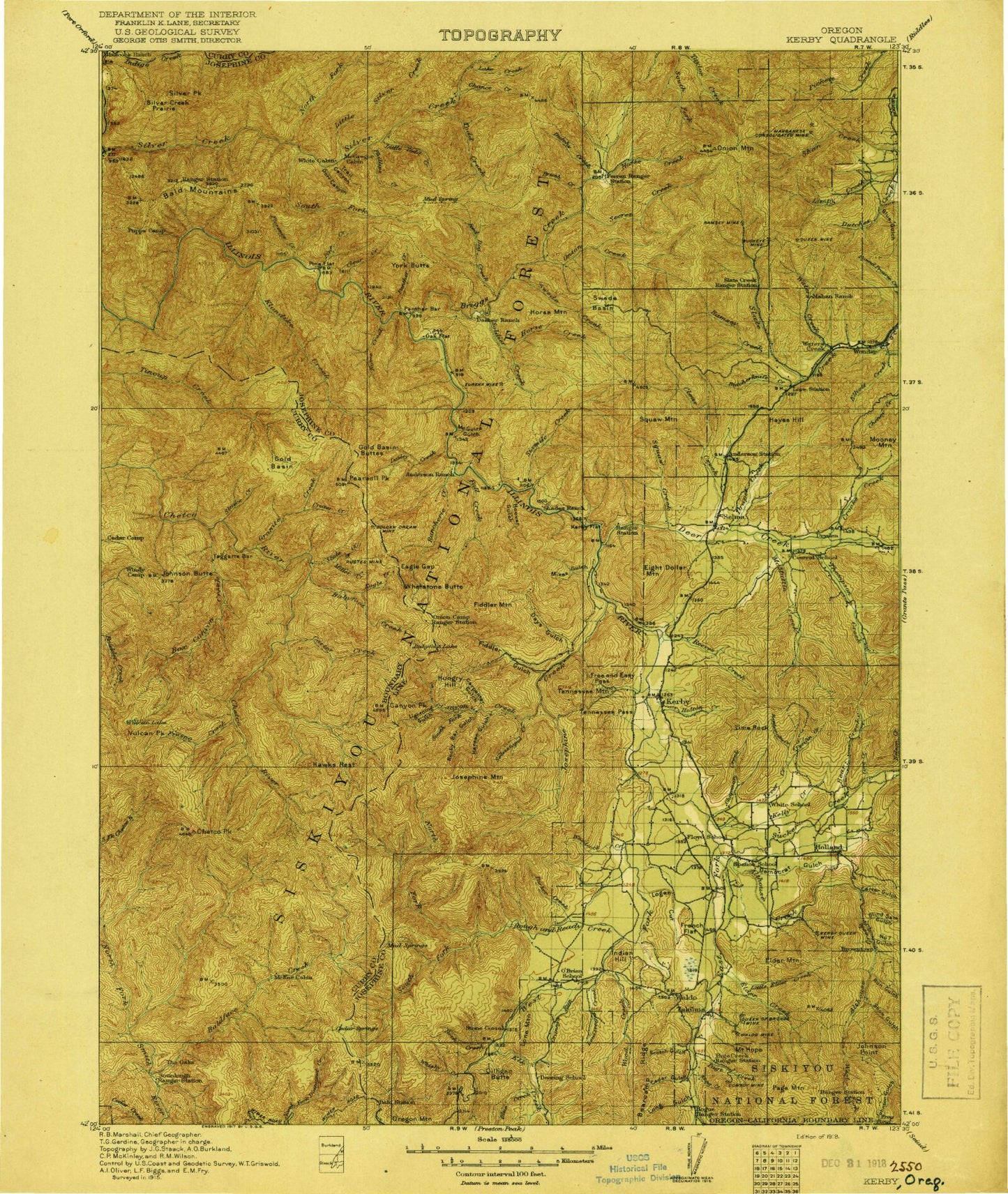 Historic 1918 Kerby Oregon 30'x30' Topo Map Image