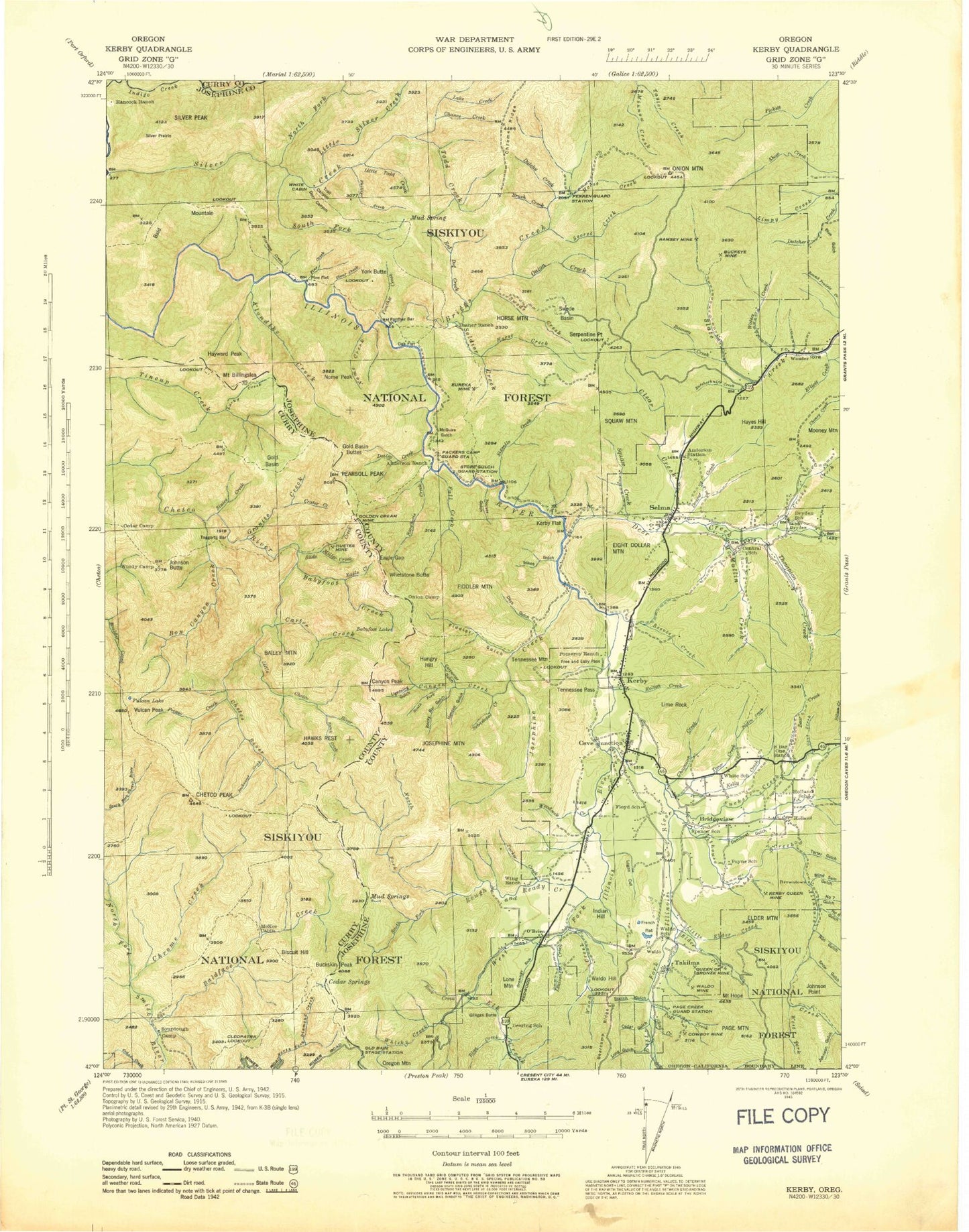 Historic 1945 Kerby Oregon 30'x30' Topo Map Image
