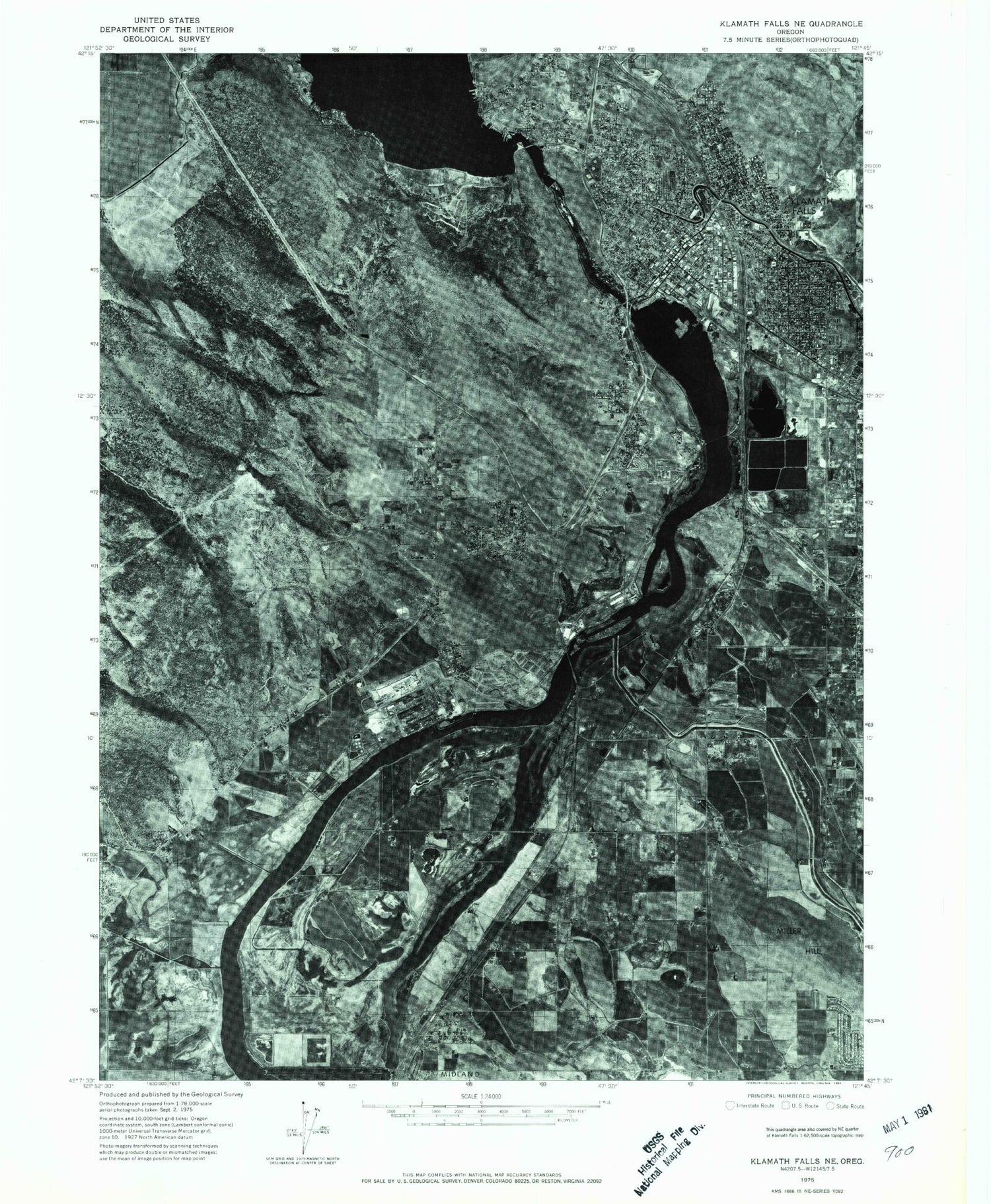 Classic USGS Klamath Falls Oregon 7.5'x7.5' Topo Map Image