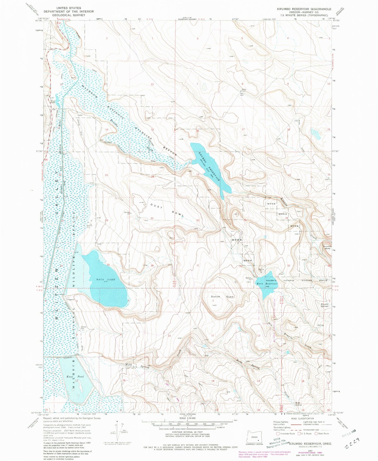 Classic USGS Krumbo Reservoir Oregon 7.5'x7.5' Topo Map Image