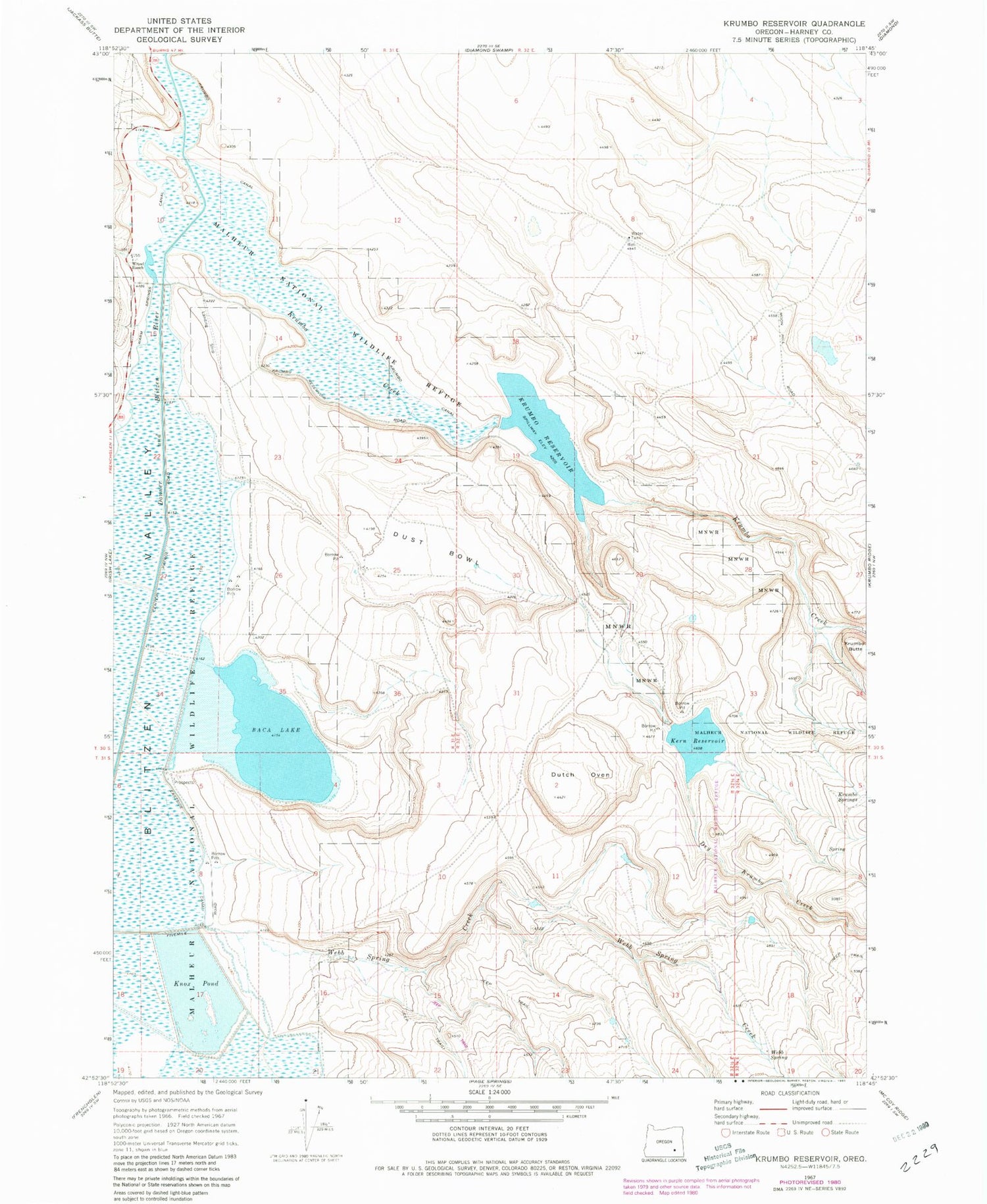 Classic USGS Krumbo Reservoir Oregon 7.5'x7.5' Topo Map Image