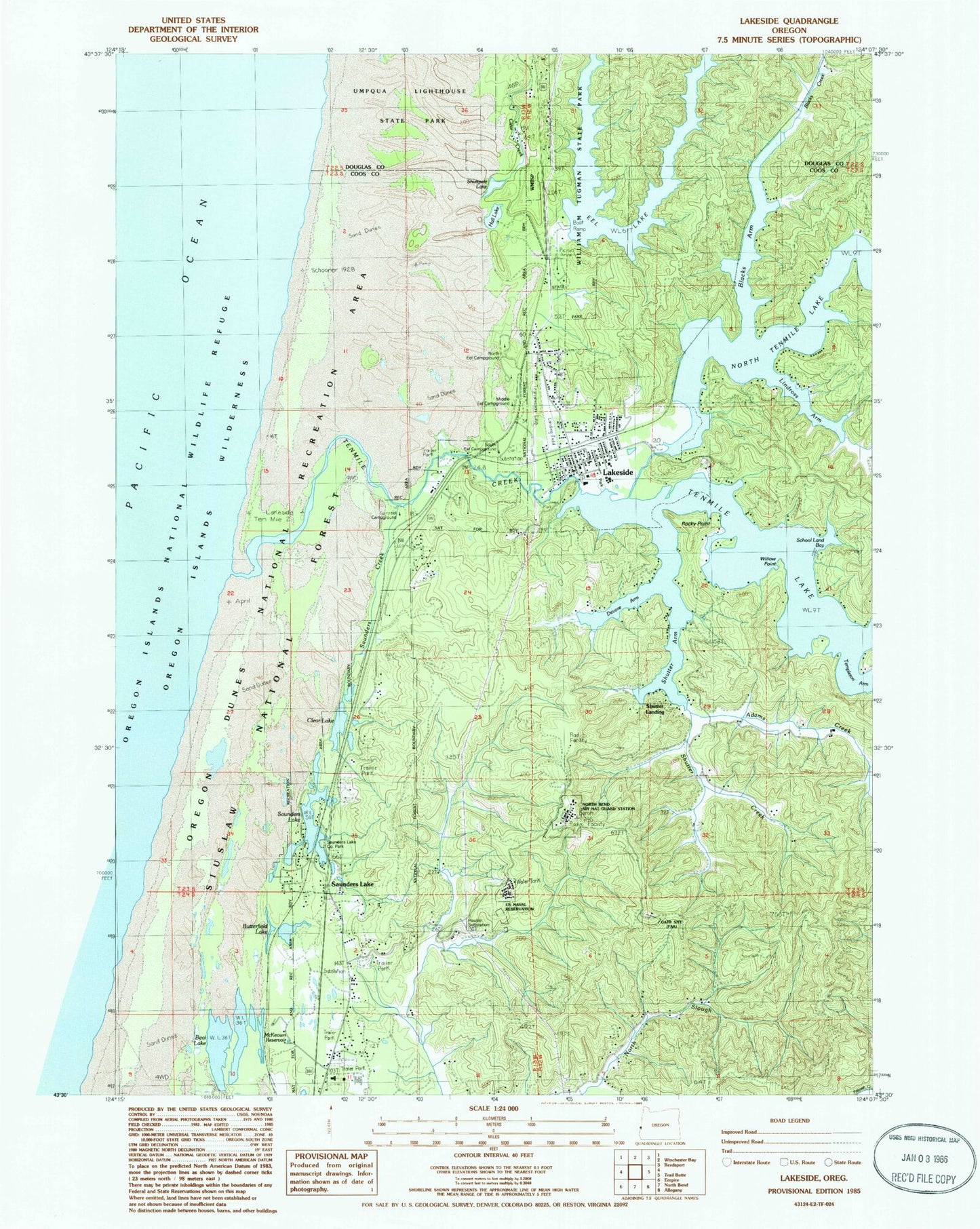 Classic USGS Lakeside Oregon 7.5'x7.5' Topo Map Image