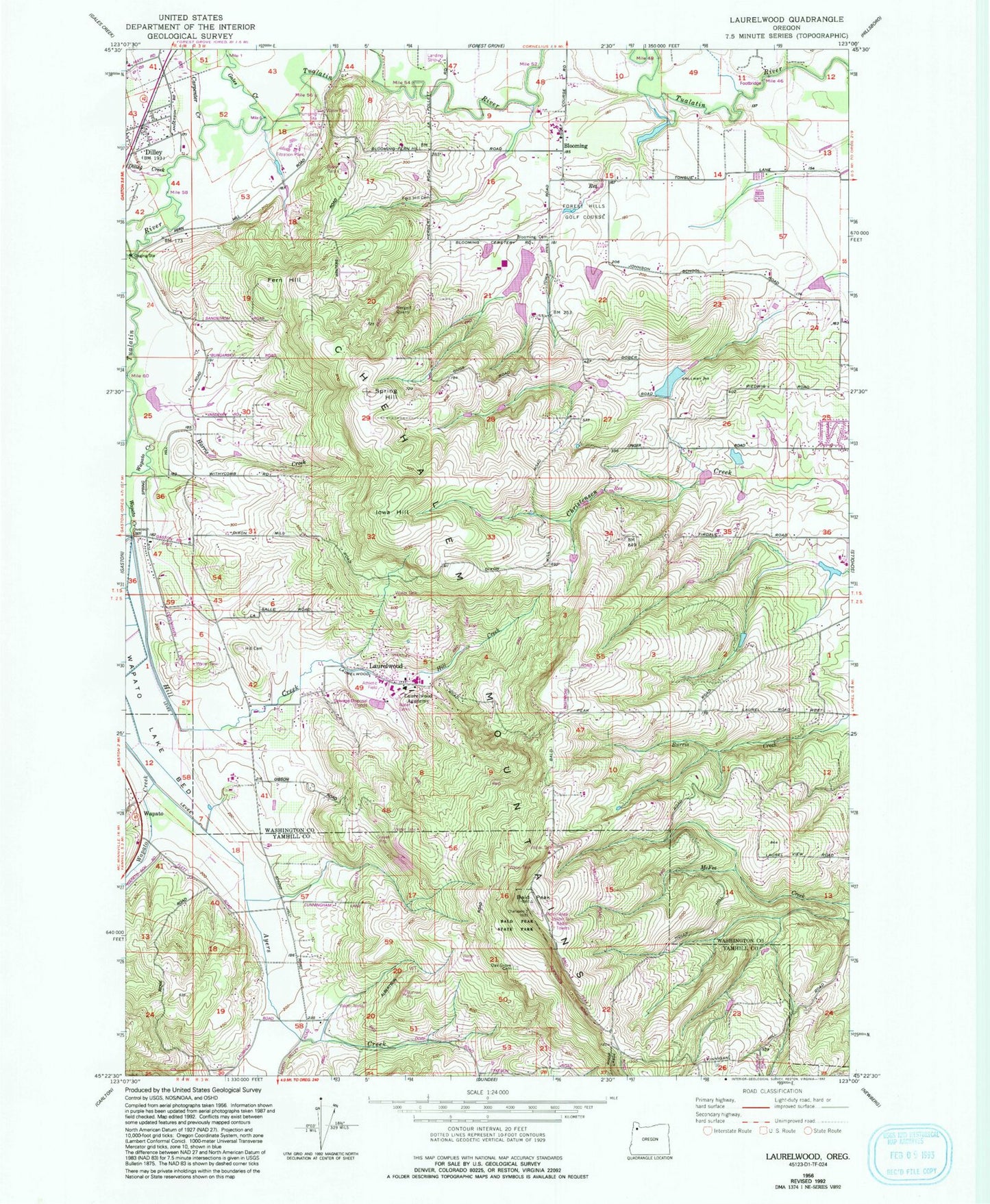 Classic USGS Laurelwood Oregon 7.5'x7.5' Topo Map Image