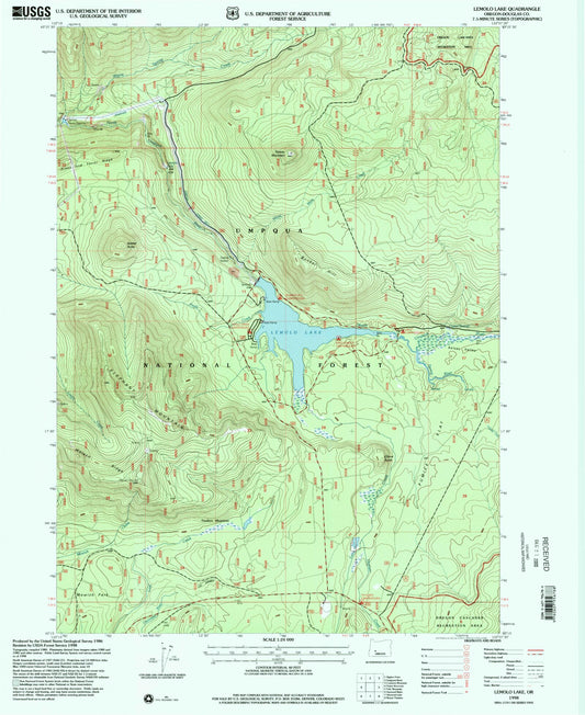 Classic USGS Lemolo Lake Oregon 7.5'x7.5' Topo Map Image
