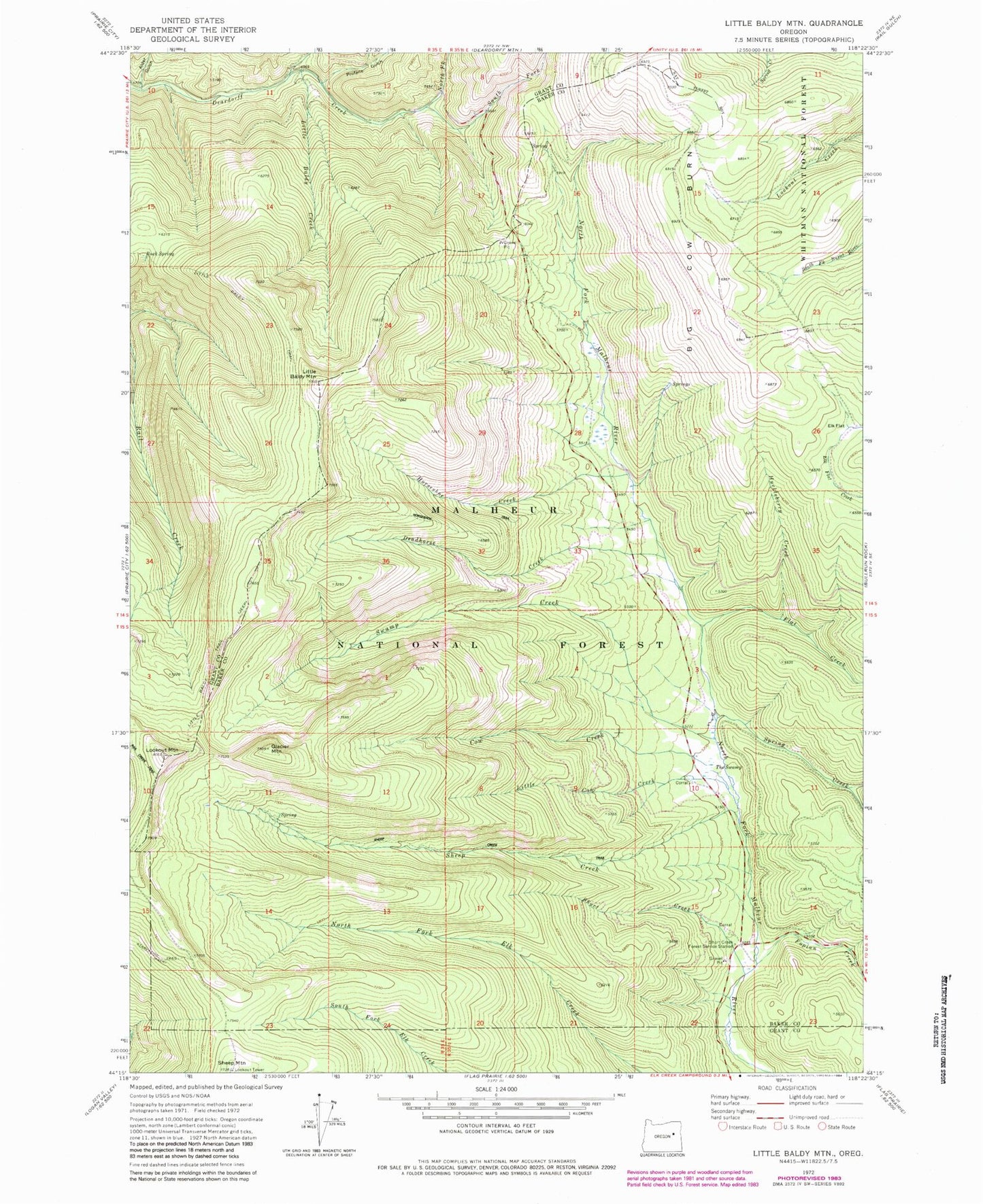 Classic USGS Little Baldy Mountain Oregon 7.5'x7.5' Topo Map Image