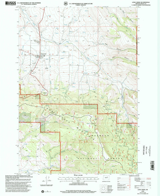 Classic USGS Long Creek Oregon 7.5'x7.5' Topo Map Image