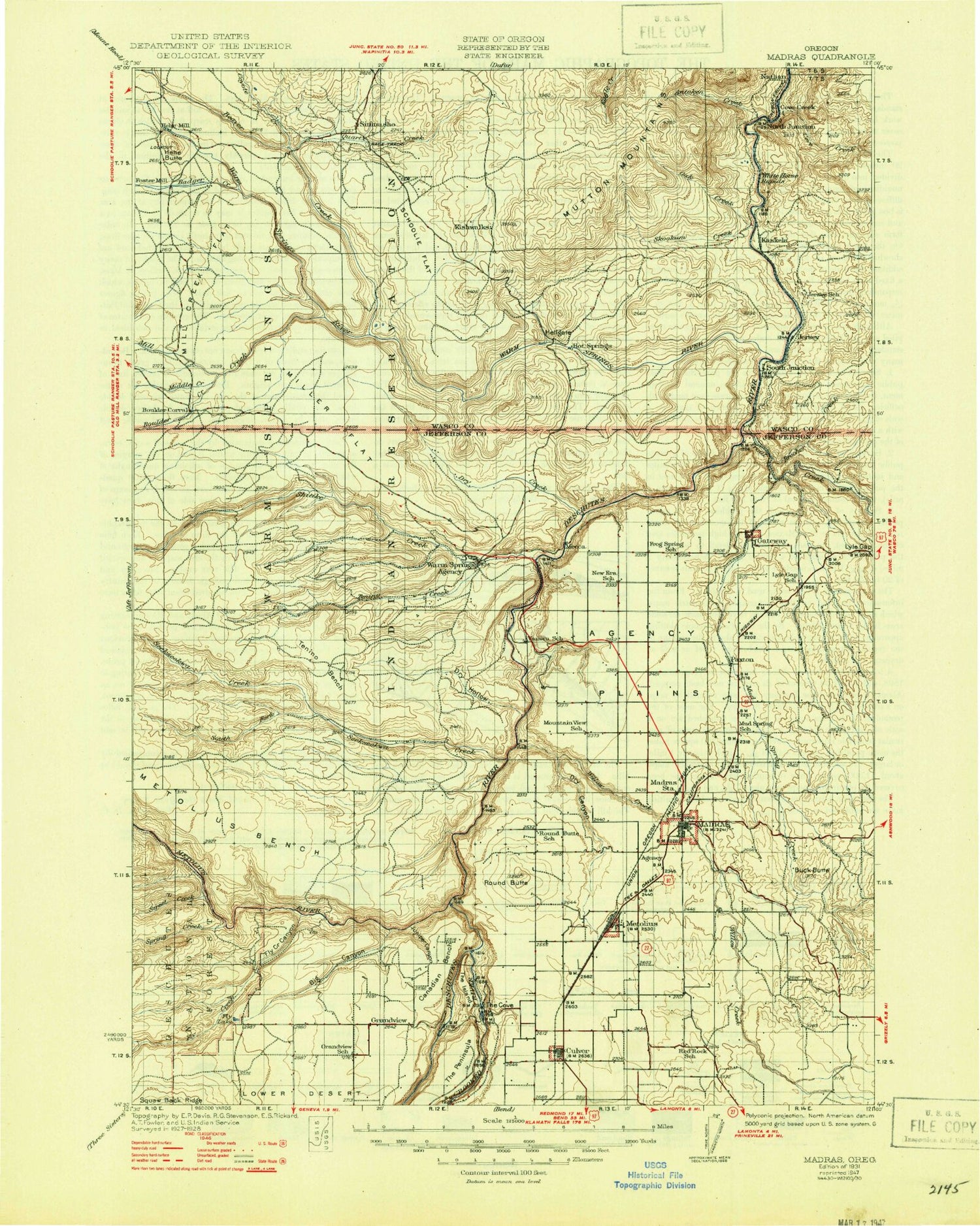 Historic 1931 Madras Oregon 30'x30' Topo Map Image