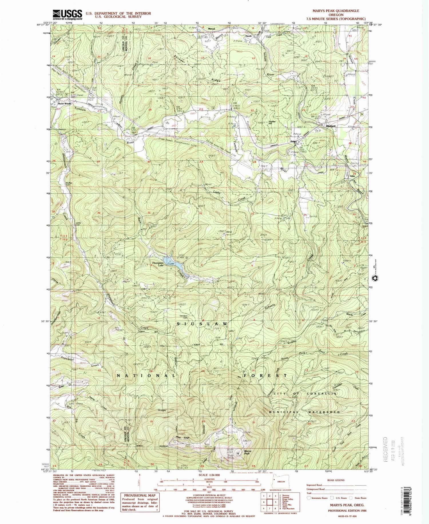 Classic USGS Marys Peak Oregon 7.5'x7.5' Topo Map Image