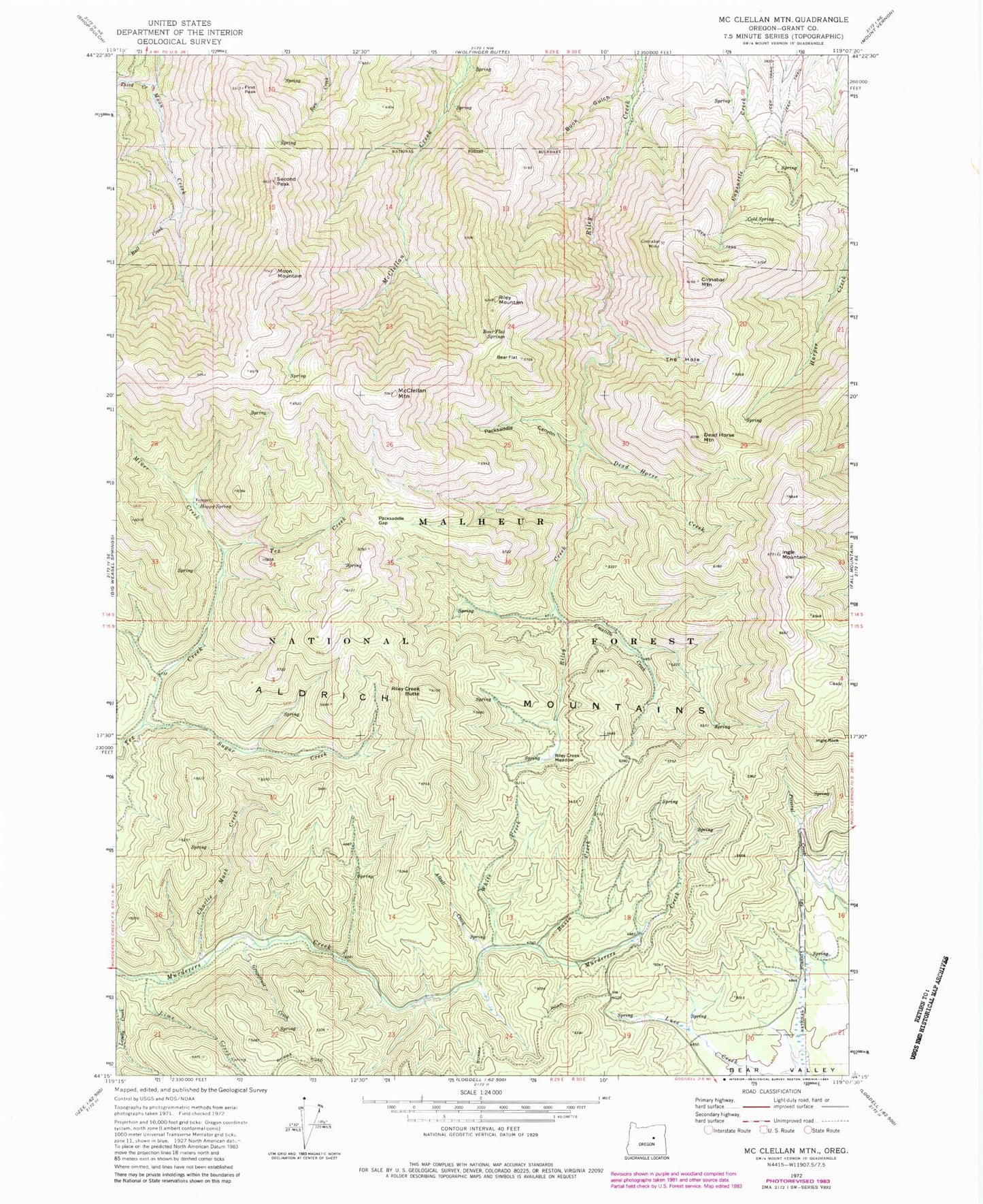 Classic USGS McClellan Mountain Oregon 7.5'x7.5' Topo Map Image