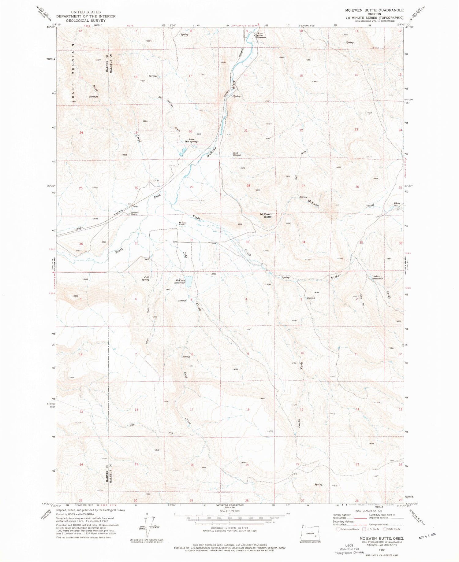Classic USGS McEwen Butte Oregon 7.5'x7.5' Topo Map Image