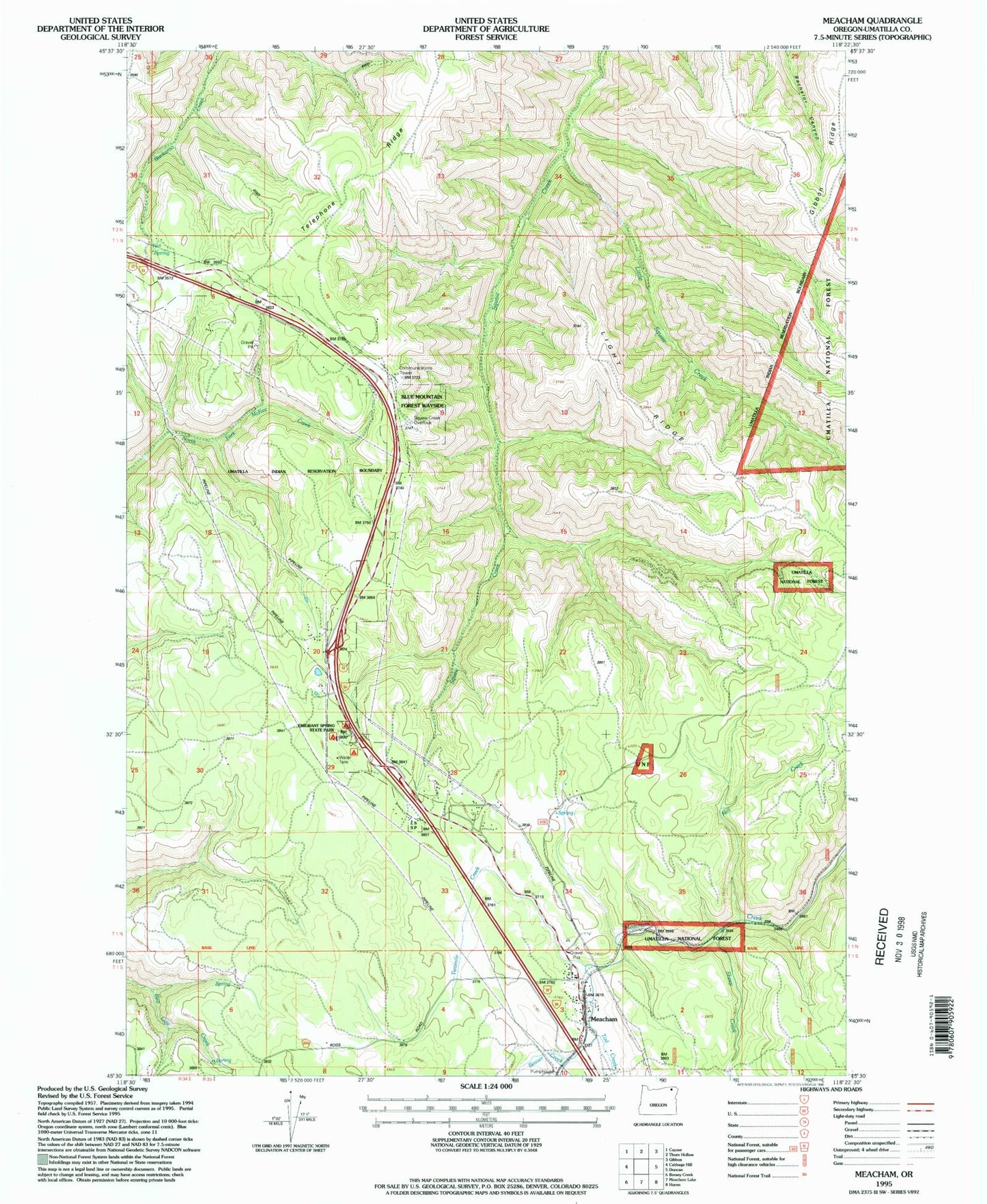 Classic USGS Meacham Oregon 7.5'x7.5' Topo Map Image
