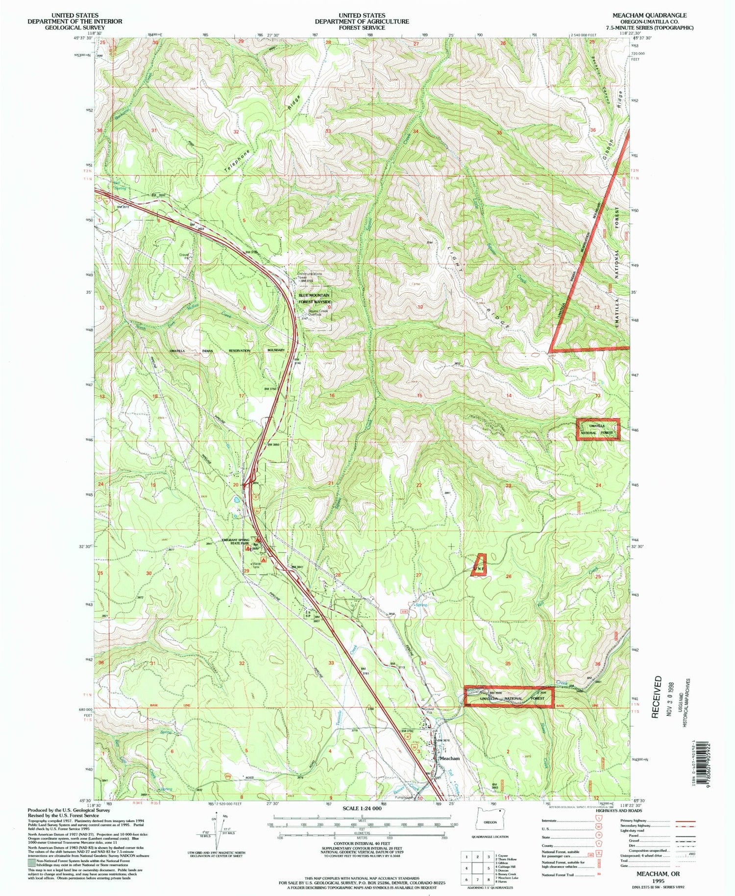 Classic USGS Meacham Oregon 7.5'x7.5' Topo Map Image