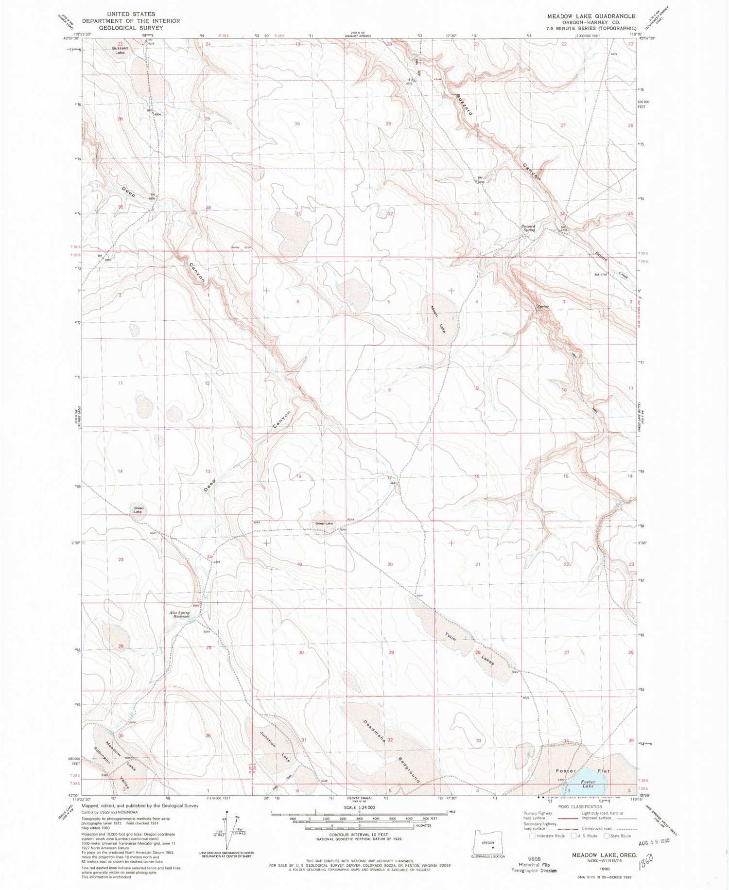Classic USGS Meadow Lake Oregon 7.5'x7.5' Topo Map Image