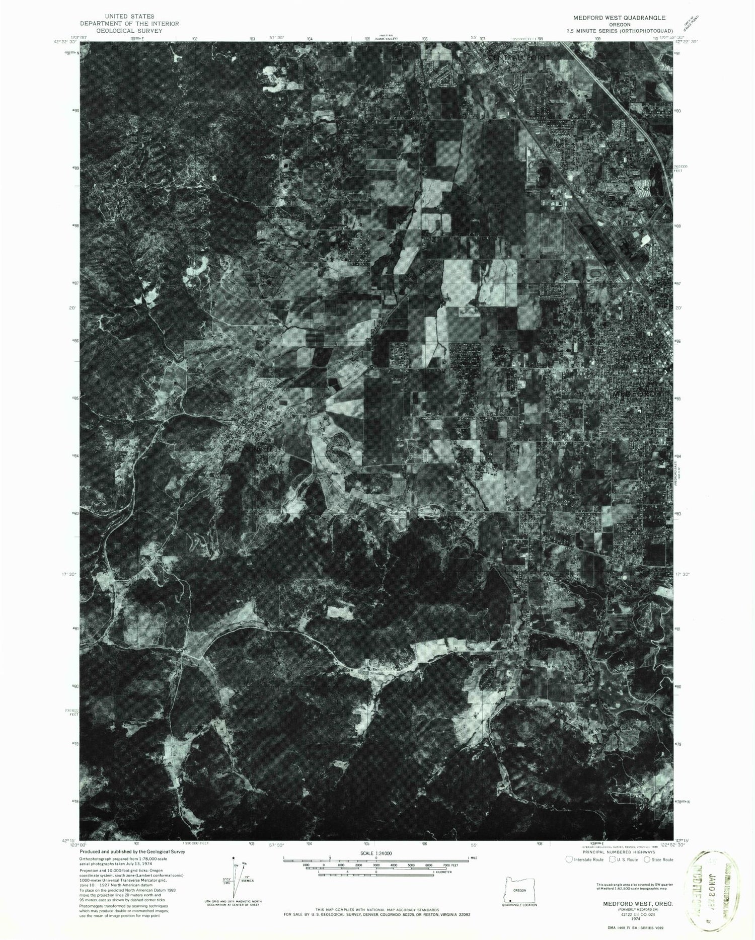 Classic USGS Medford West Oregon 7.5'x7.5' Topo Map Image