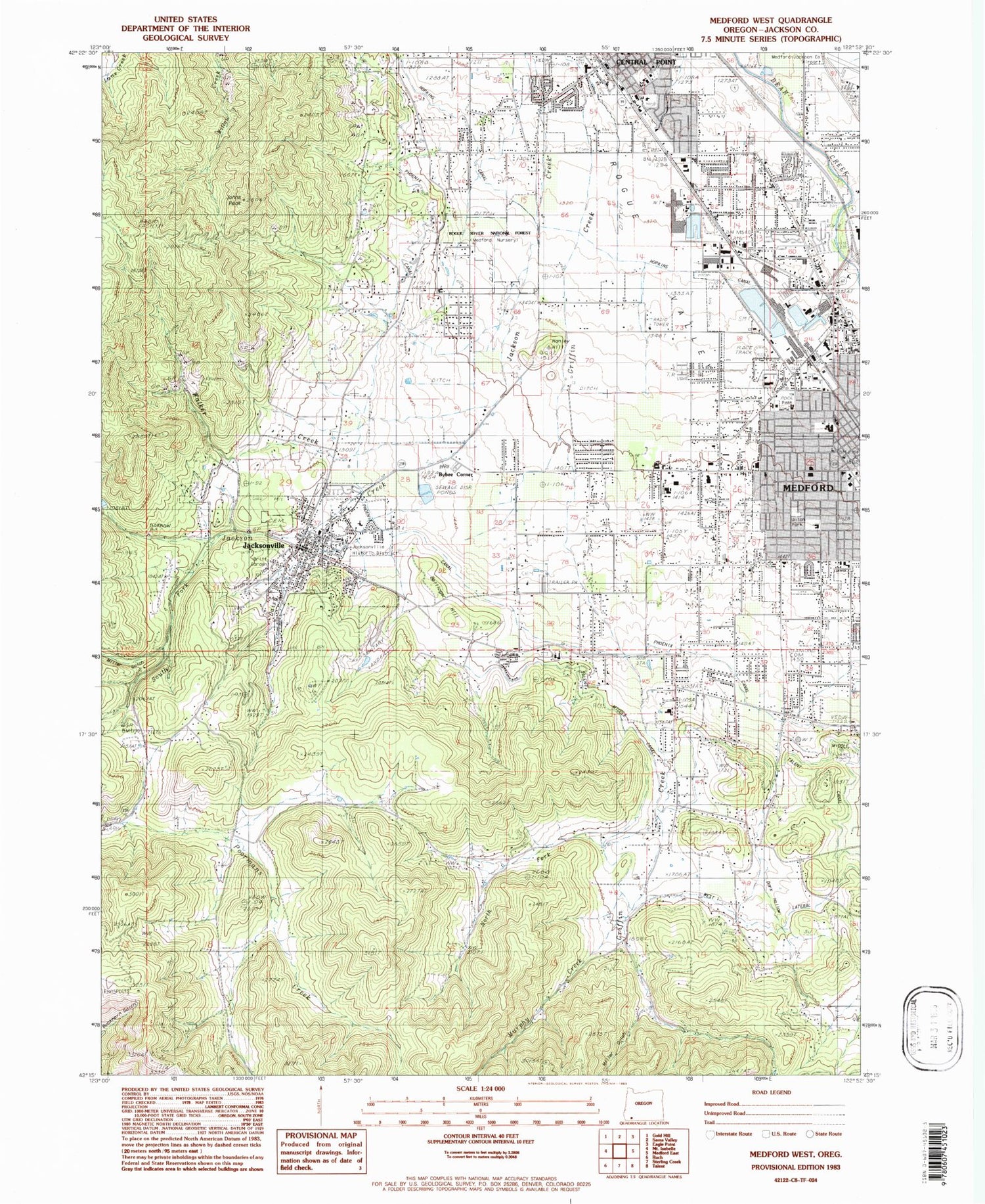 Classic USGS Medford West Oregon 7.5'x7.5' Topo Map Image