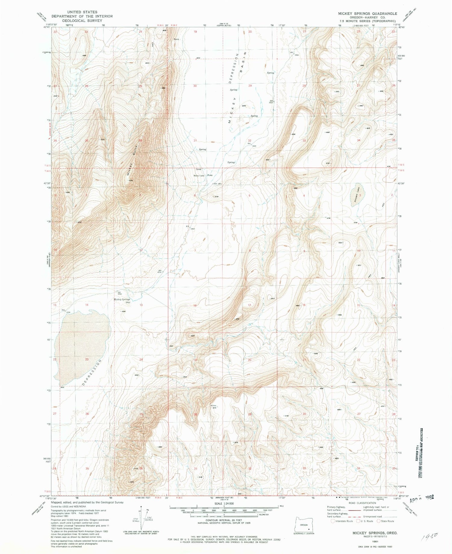 Classic USGS Mickey Springs Oregon 7.5'x7.5' Topo Map Image