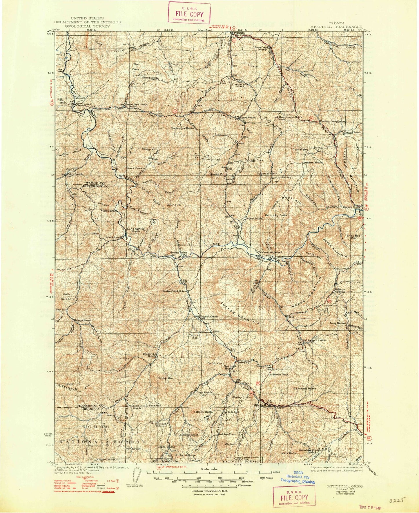 Historic 1926 Mitchell Oregon 30'x30' Topo Map Image
