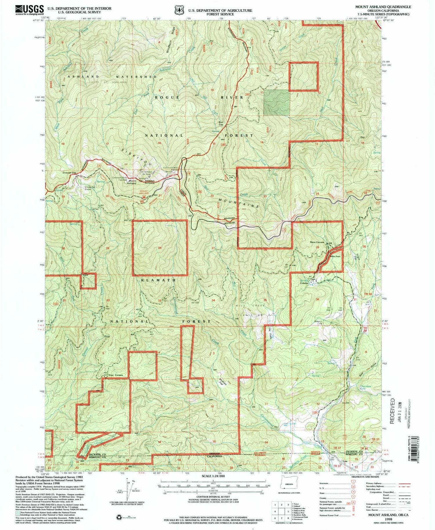 Classic USGS Mount Ashland Oregon 7.5'x7.5' Topo Map Image