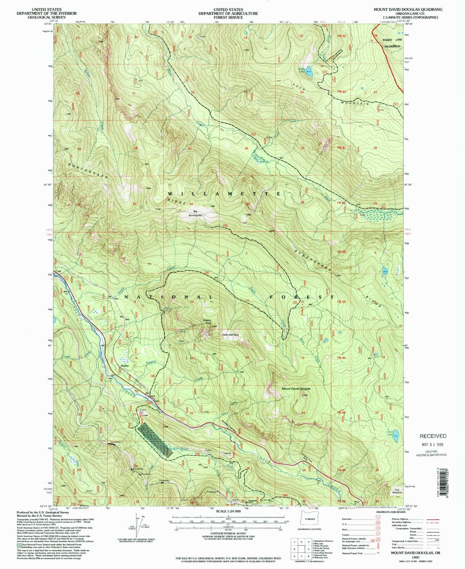 Classic USGS Mount David Douglas Oregon 7.5'x7.5' Topo Map Image