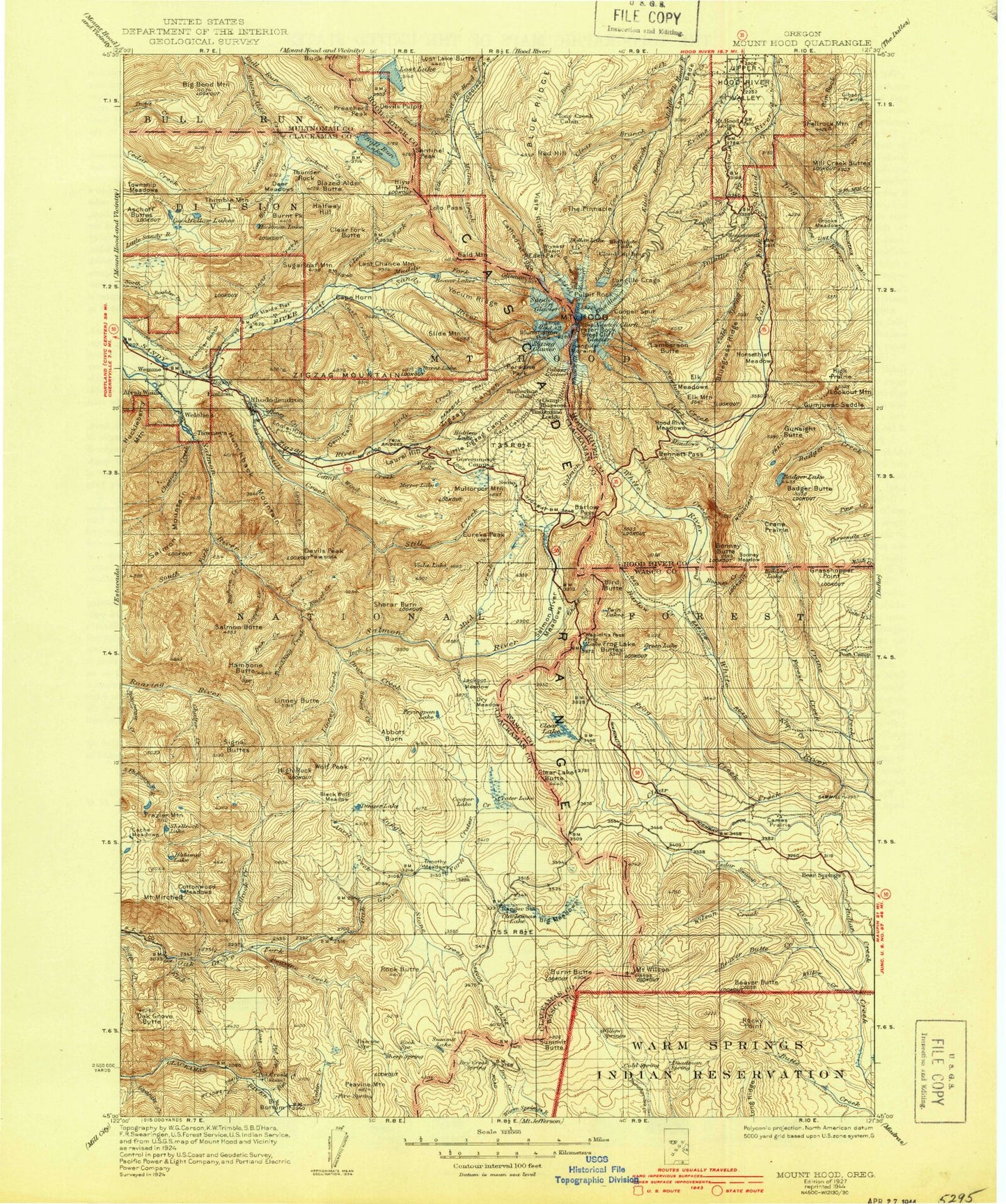 Historic 1927 Mount Hood Oregon 30'x30' Topo Map Image