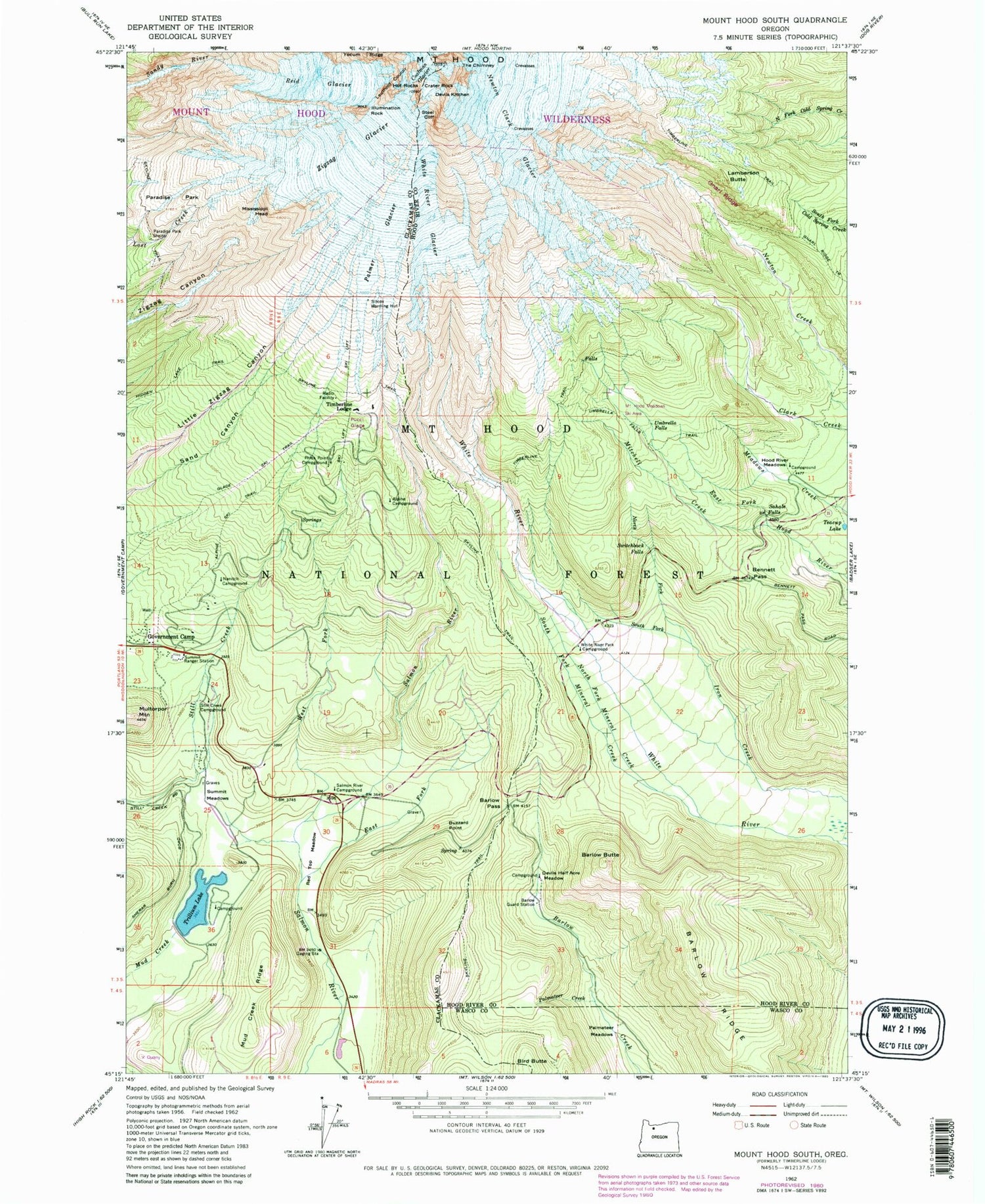 USGS Classic Mount Hood South Oregon 7.5'x7.5' Topo Map Image