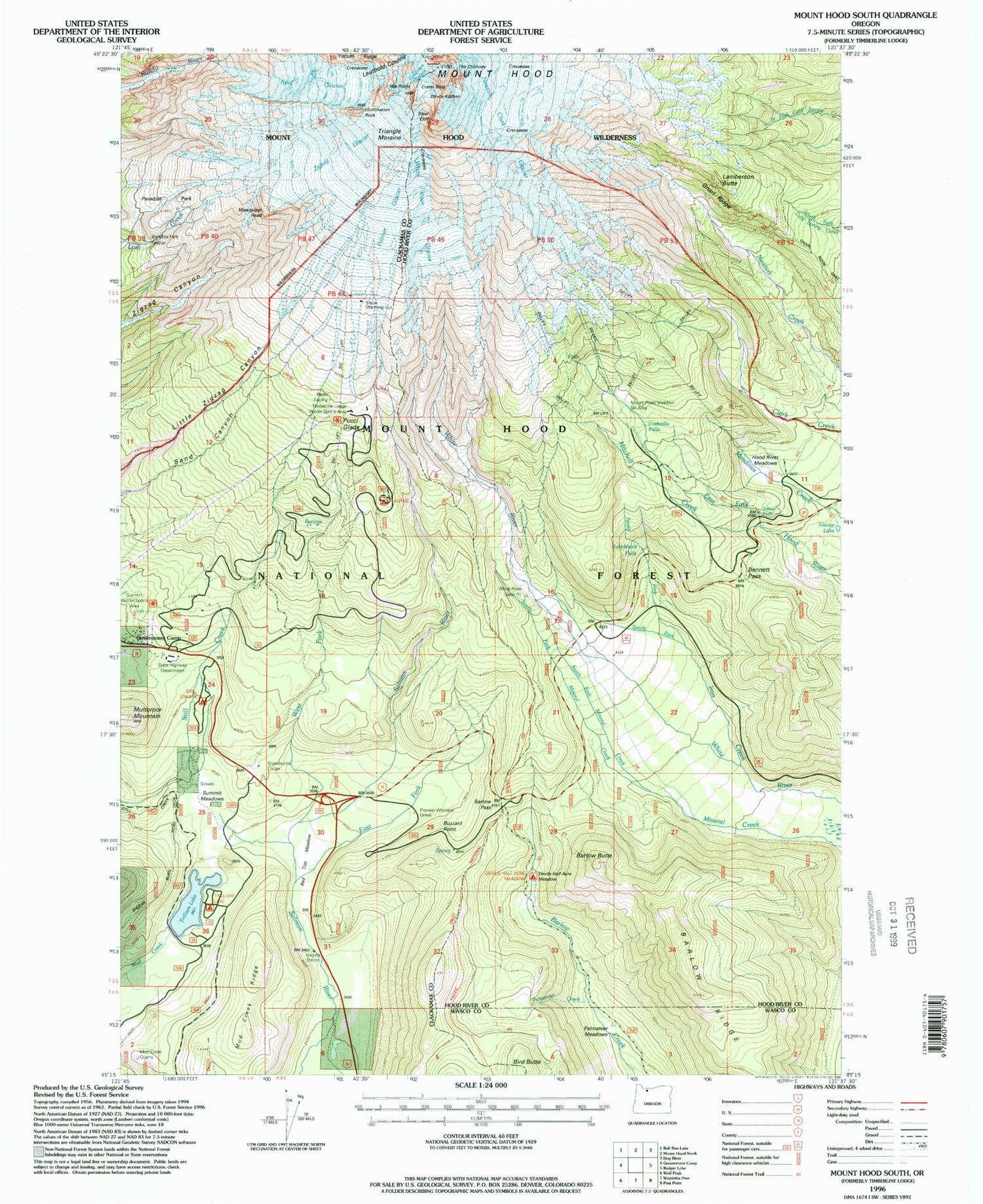 USGS Classic Mount Hood South Oregon 7.5'x7.5' Topo Map Image